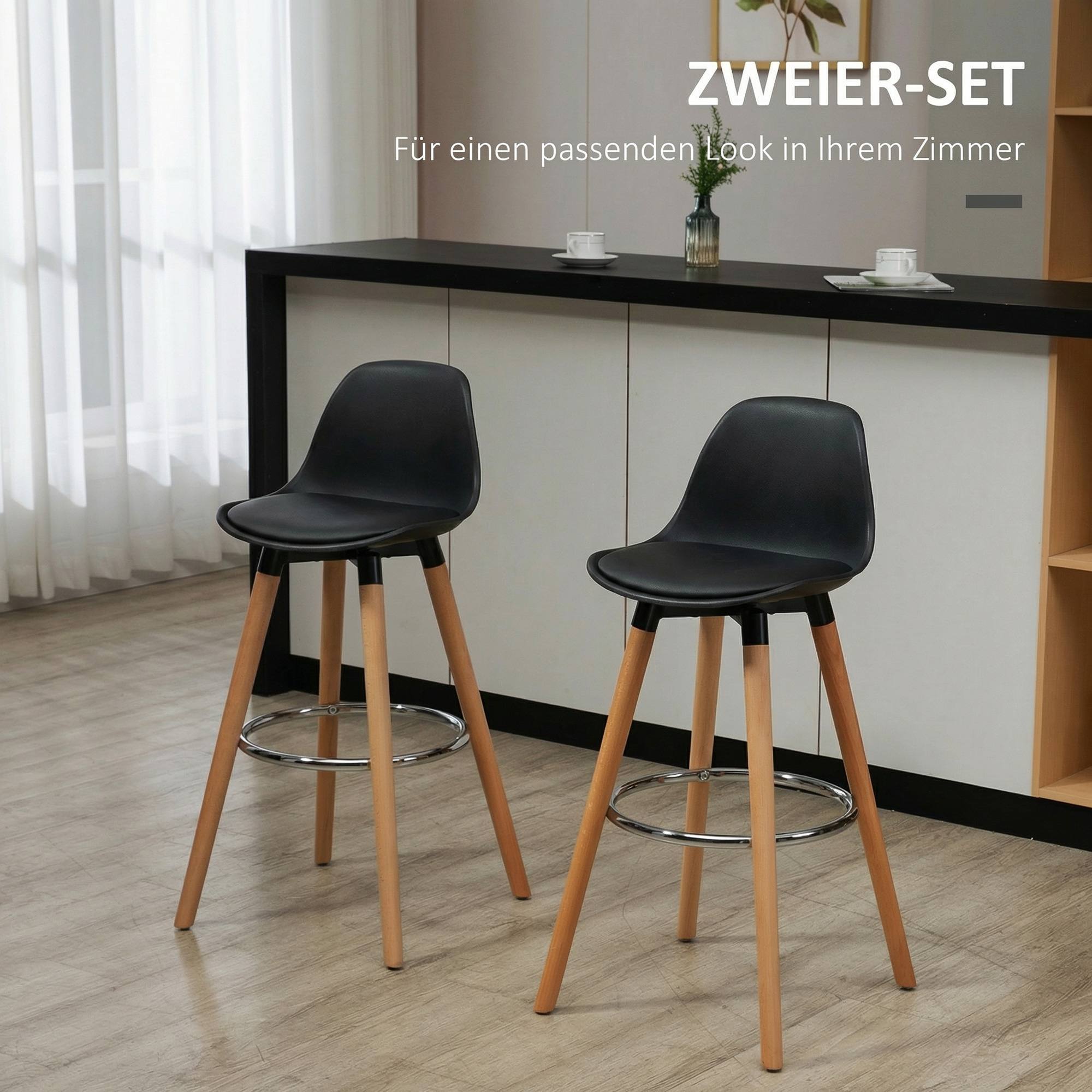 2er-Set Barhocker Barstühle Skandi-Design, Fußtstütze, 43 cm x 43 cm x 91 cm, Natur + Schwarz