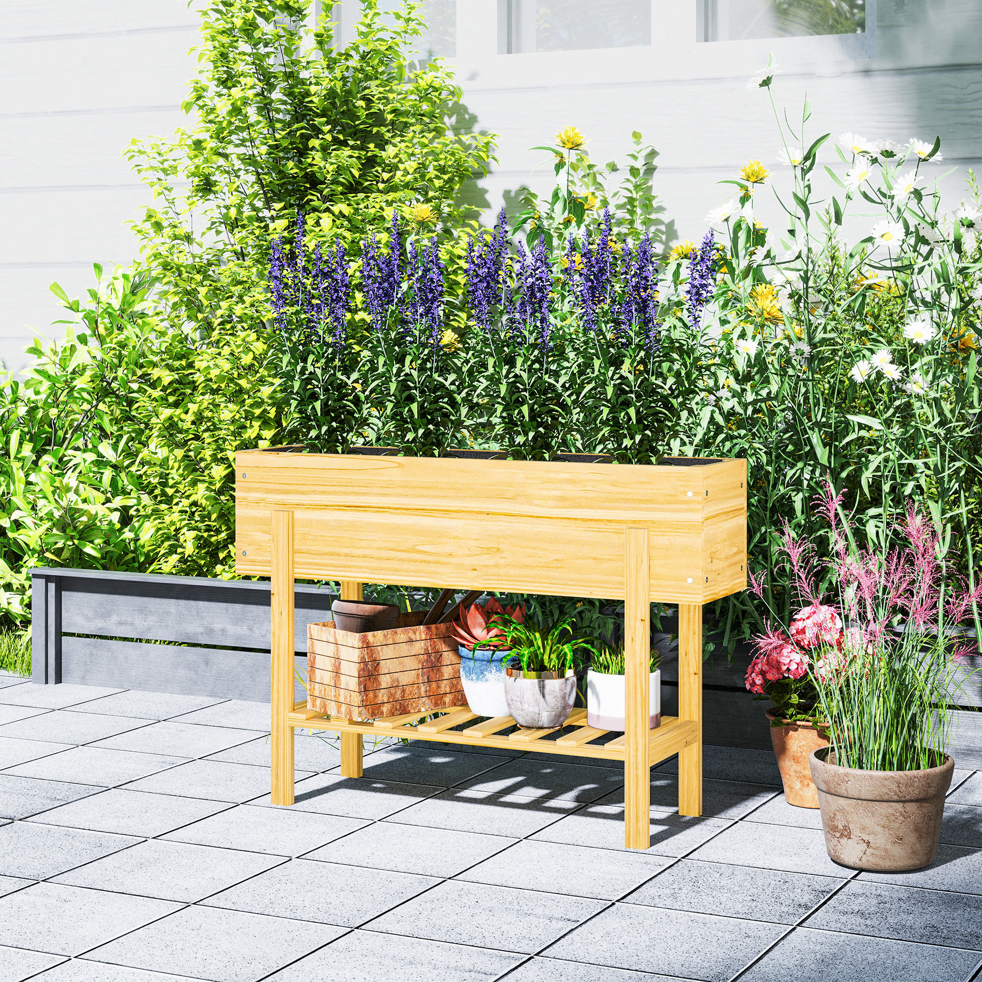 Blumenkasten mit unterem Regal, Holzbeet mit Vlies-Auskleidung und Entwässerungslöchern, 100 x 30 x 70,5 cm, Naturholz
