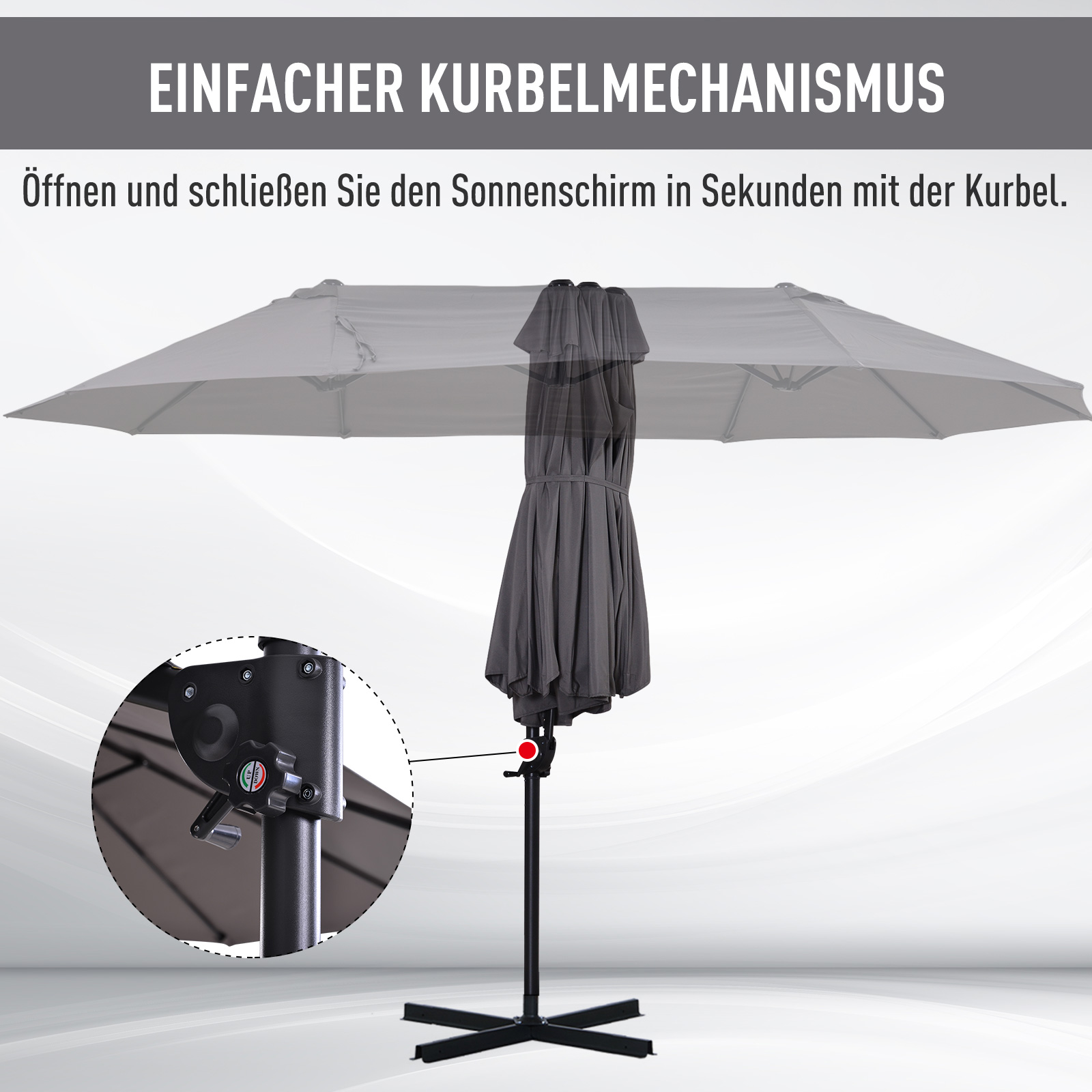 XXL-Sonnenschirm mit Kreuzständer inkl. Handkurbel wetterbeständig 270 cm x 440 cm x 250 cm Grau