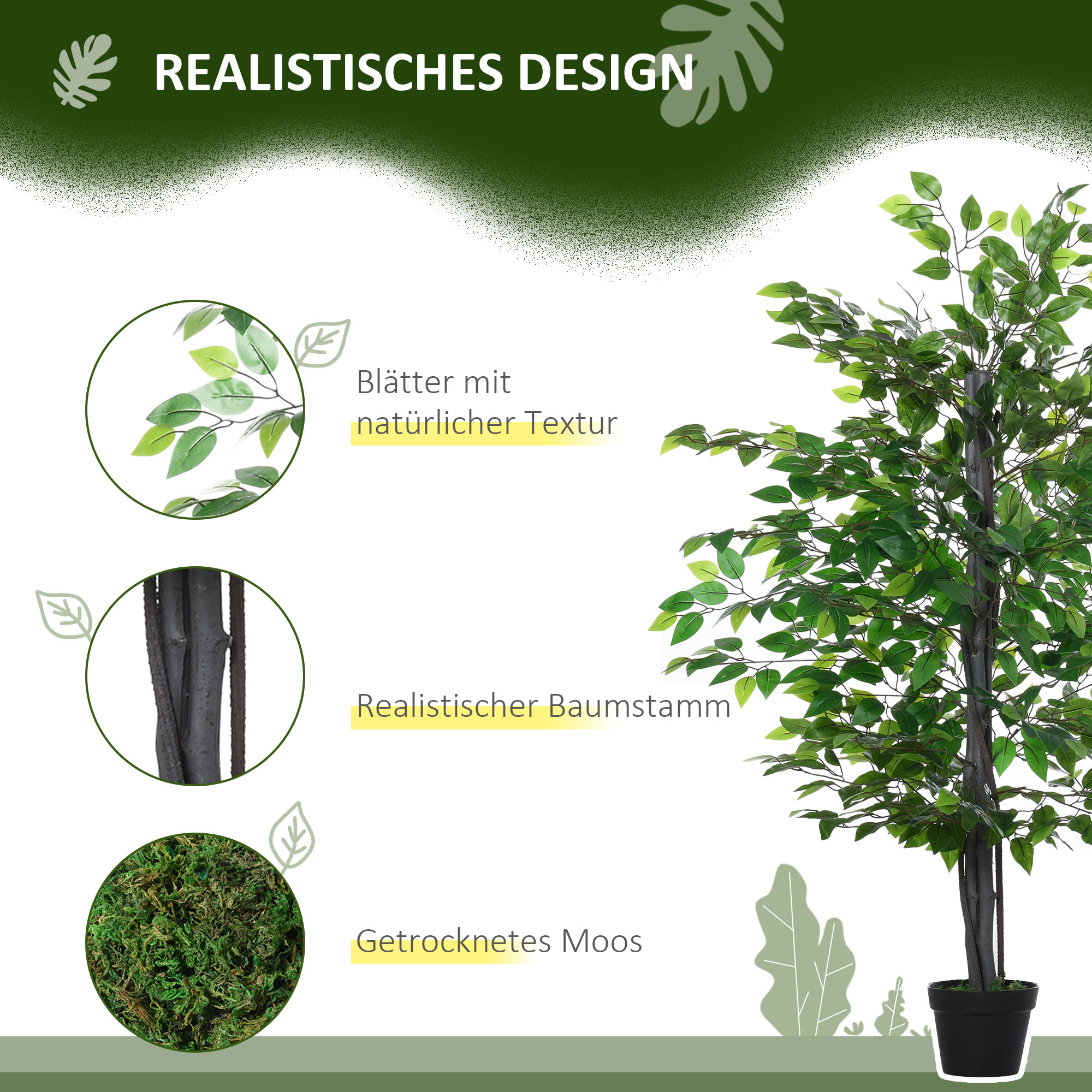 Künstlicher Ficus-baum groß 145 cm, Kunstbaum, Kunstpflanze, Plastik Künstliche Pflanzen im Topf, Fake Plant wie echt für Wohnzimmer Schlafzimmer Büro Garten Moderne Dekoration Geschenk