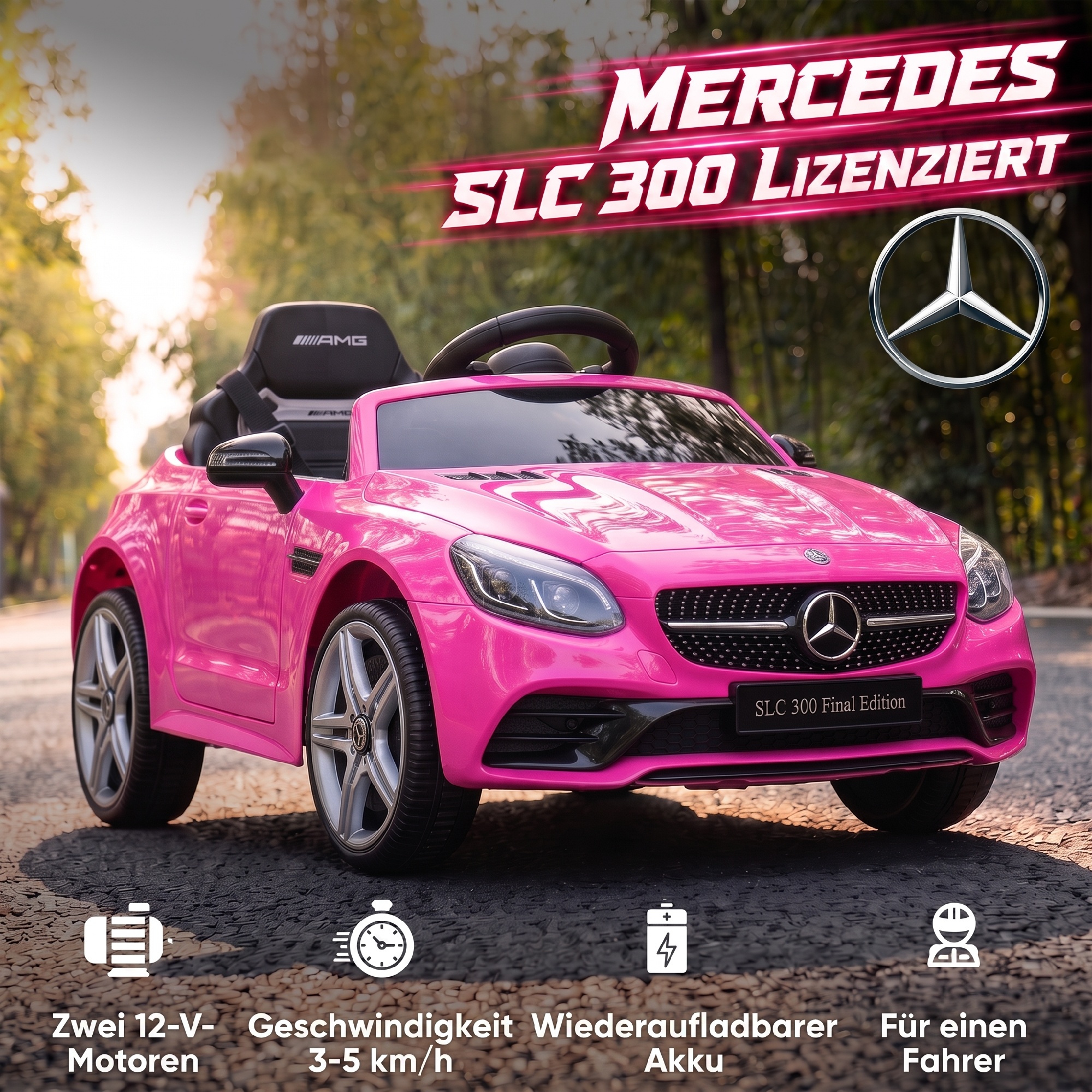 Kinder-Elektroauto, mit LED-Scheinwerfern, Sicherheitsgurt, Hupe, Musik, 3 bis 5 km/h, Rosa, 107 x 62,5 x 44cm
