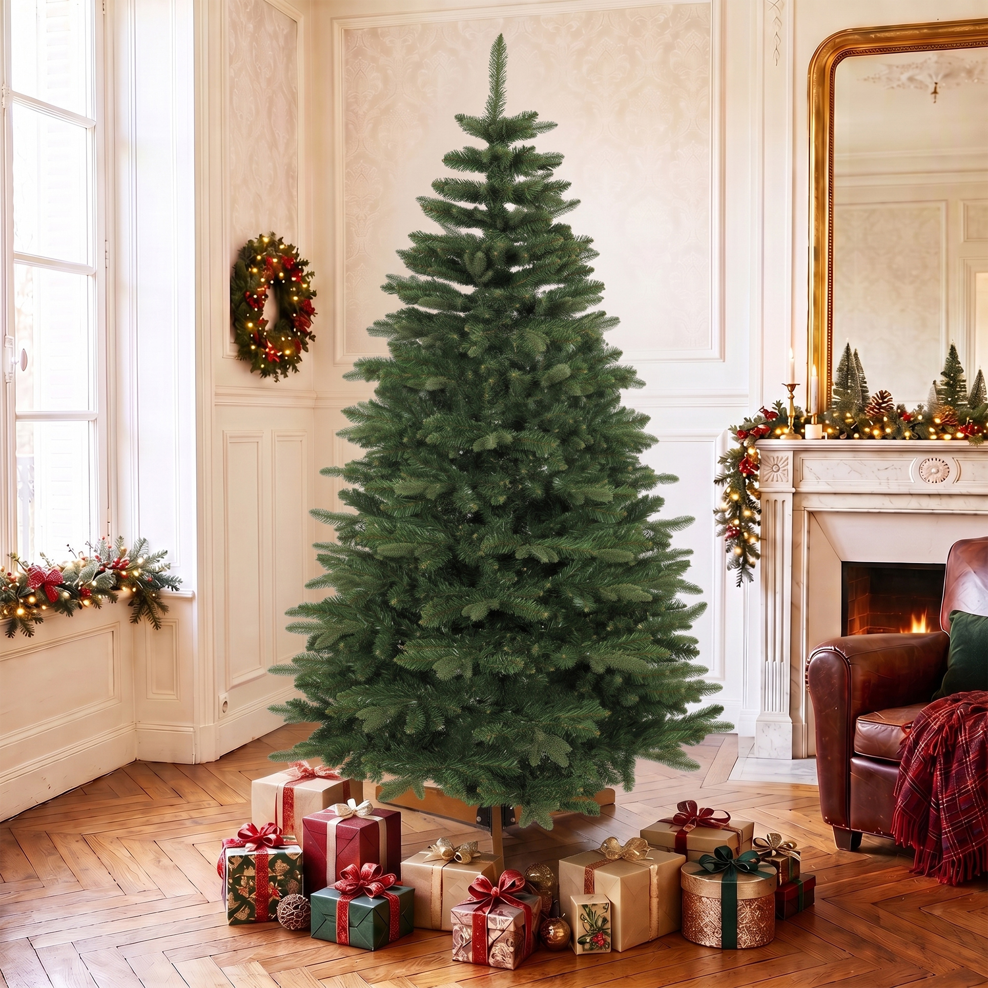 künstlicher Weihnachtsbaum 180 cm, Edeltanne, voll mit Klappästen, 961 Spitzen, faltbarer Holzständer, Grün