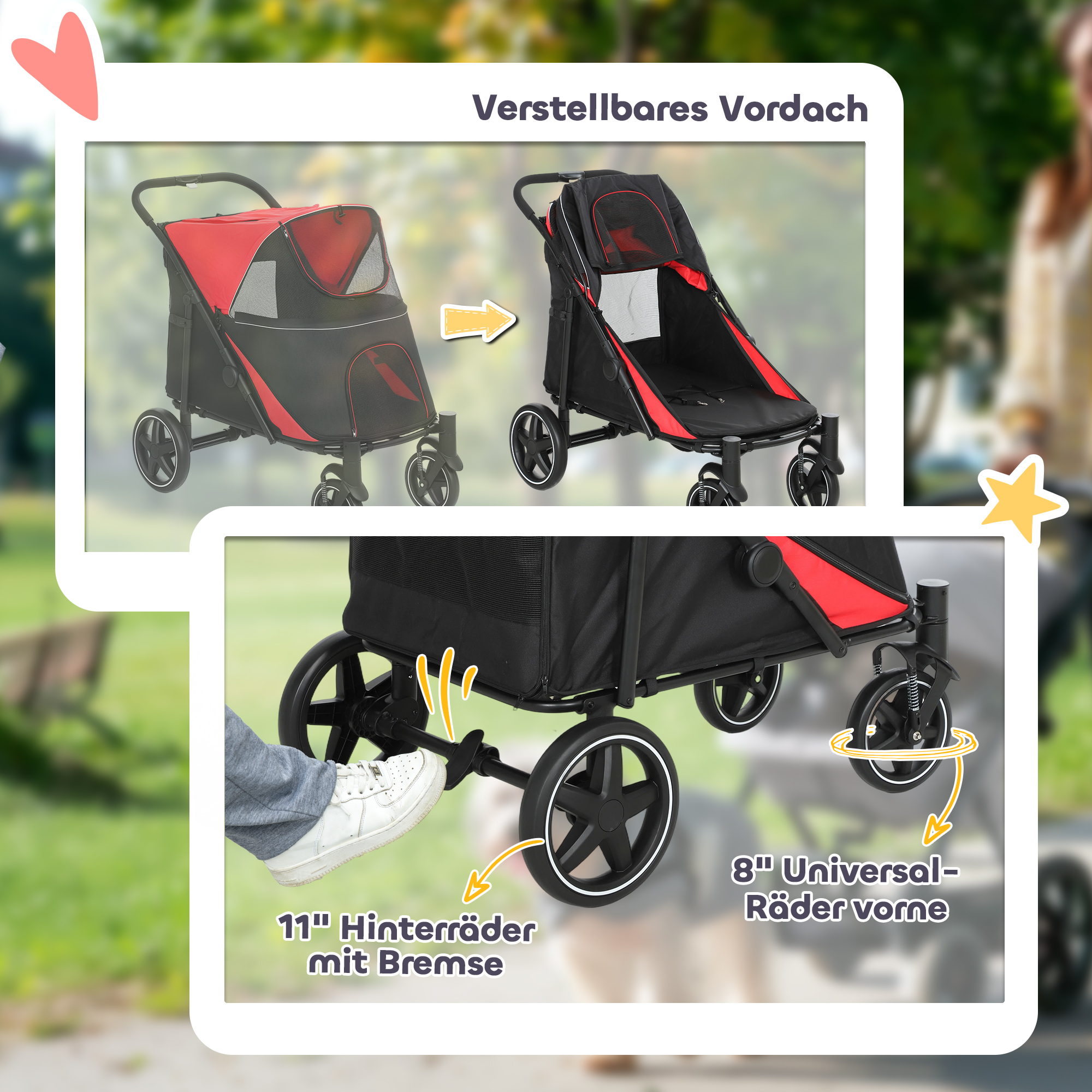 Hundetrolley klappbar, One-Klick-System, klappbar, 2 Sicherheitsleinen, Rot