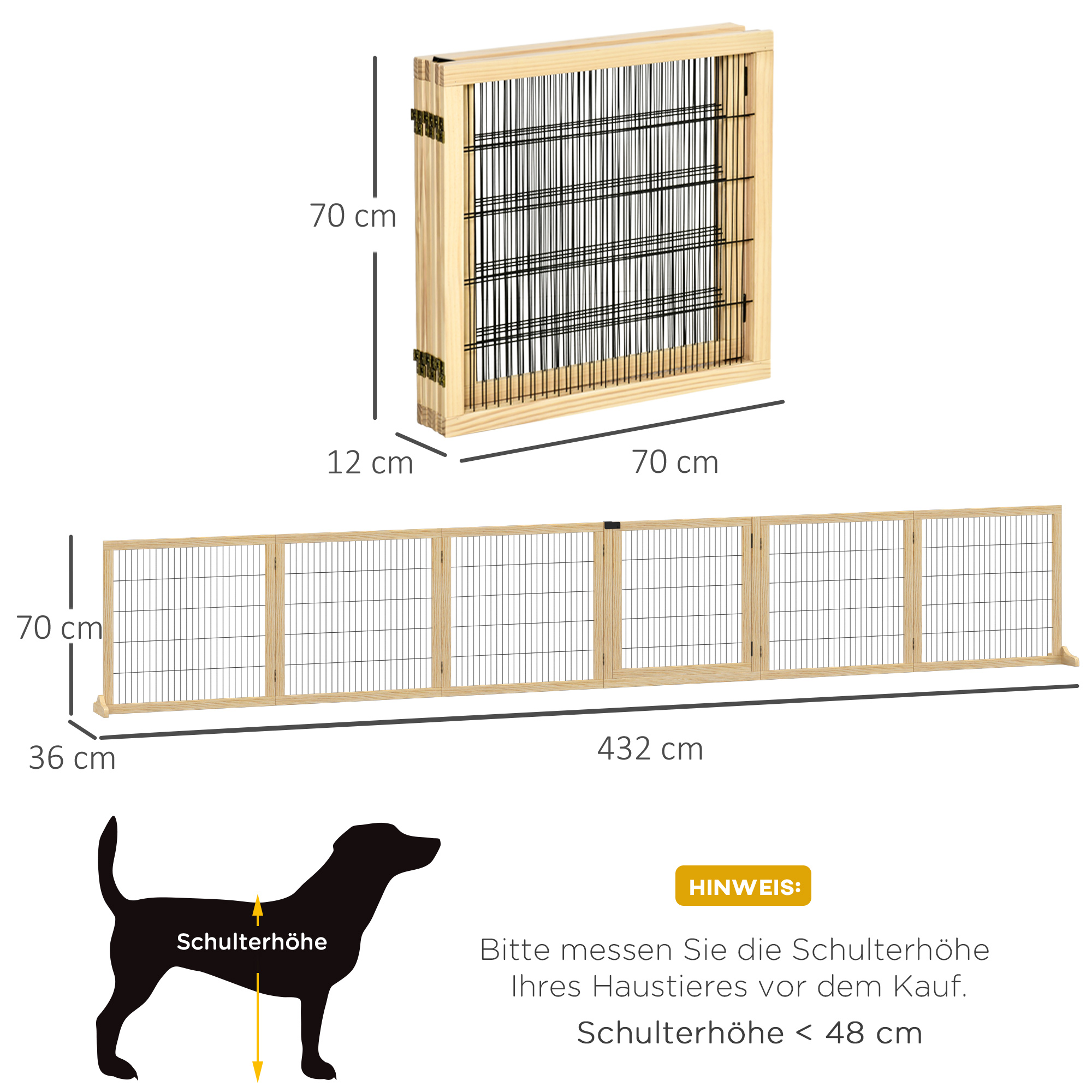 Haustiergitter Absperrgitter für Hunde, Kiefernholz, klappbar 432 x 36 x 70c m, Natur