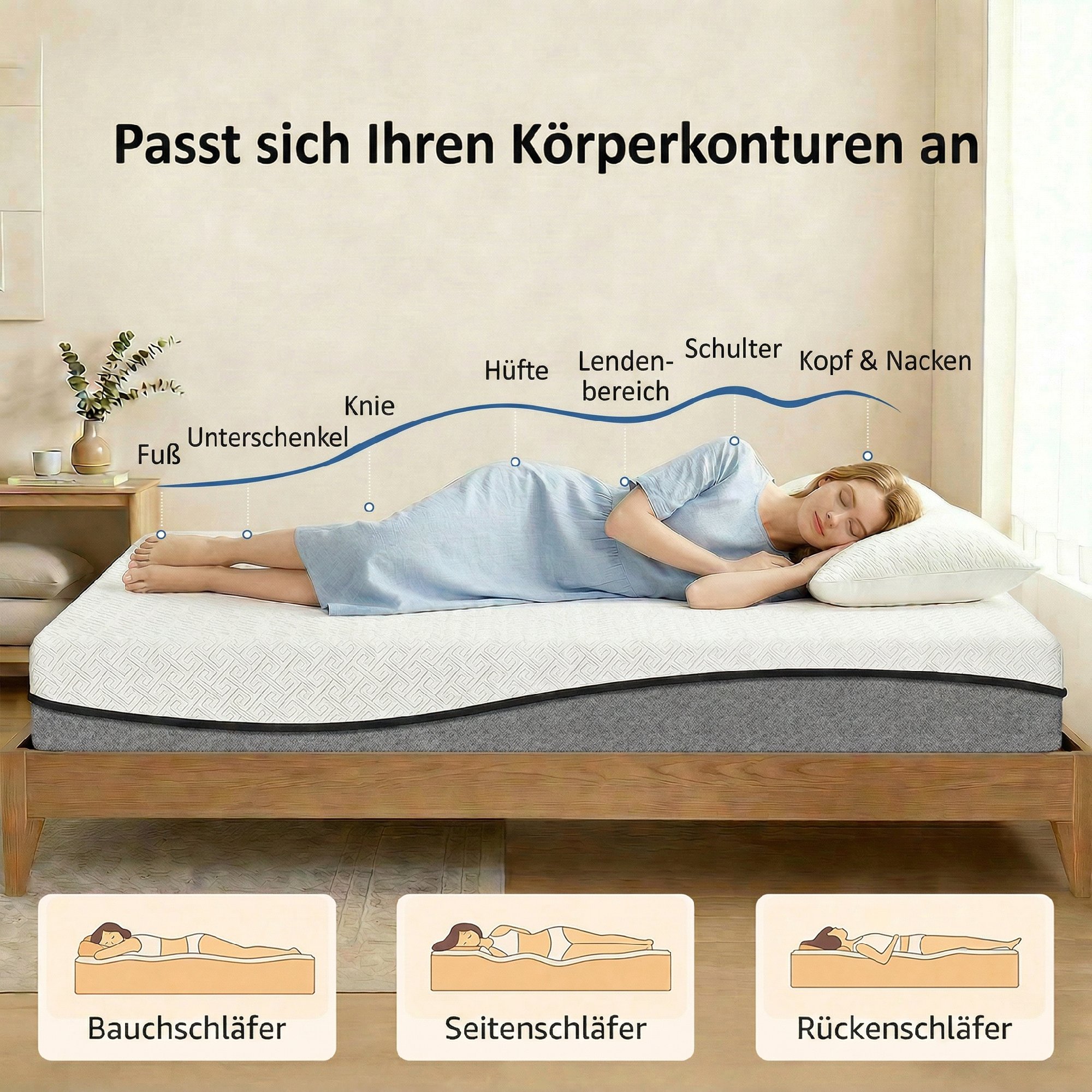 Matratze Taschenfederkernmatratze mit Memory-Schaumstoff grünem Tee H3 Härtegrad Oeko-TEX & CertiPUR 200x90x20 cm Grau