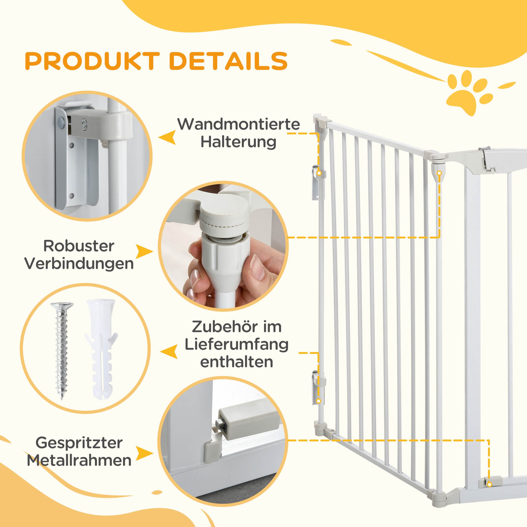 Türschutzgitter Absperrgitter Hund Freistehendes Schutzgitter 180 x 74,5 cm Hundegitter Klappbar Treppengitter Hundeabsperrgitter für Treppen, Türen, Küche, Flur, 3 Paneelen, Weiß