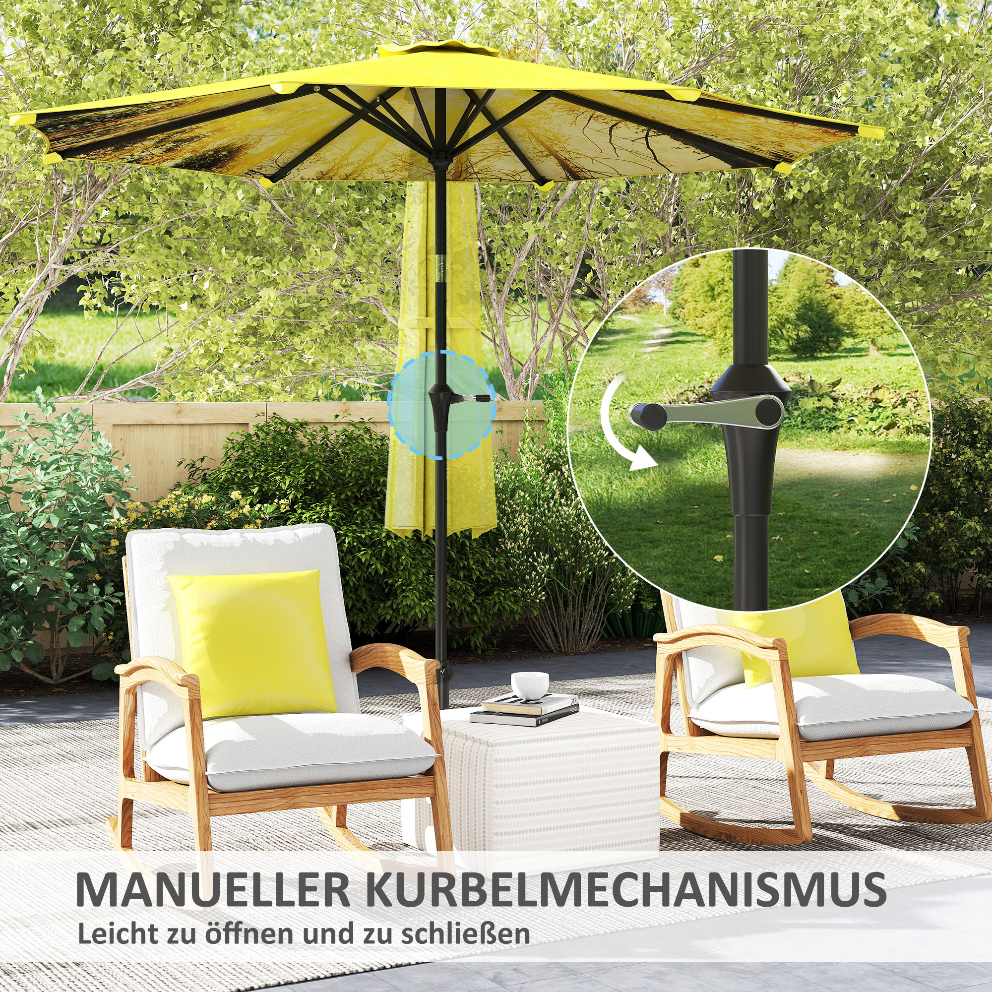 Sonnenschirm Ø300 cm, Sonnenschirm mit Handkurbel, achteckig Balkonschirm Gelb