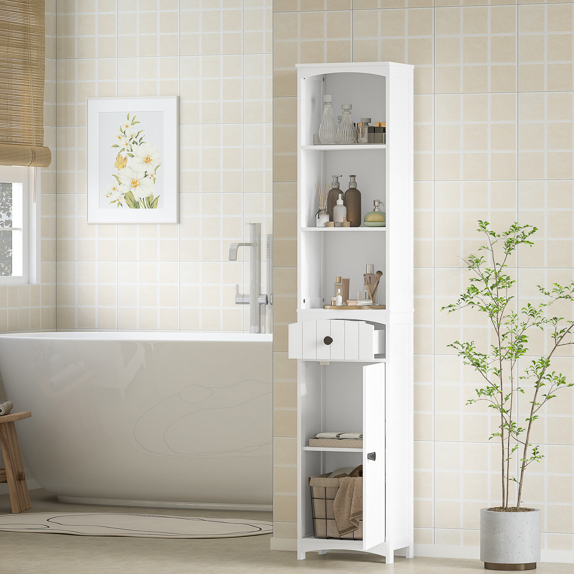 Badezimmerschrank mit 3 Regalen, 1 Schublade, robust, MDF, Weiß