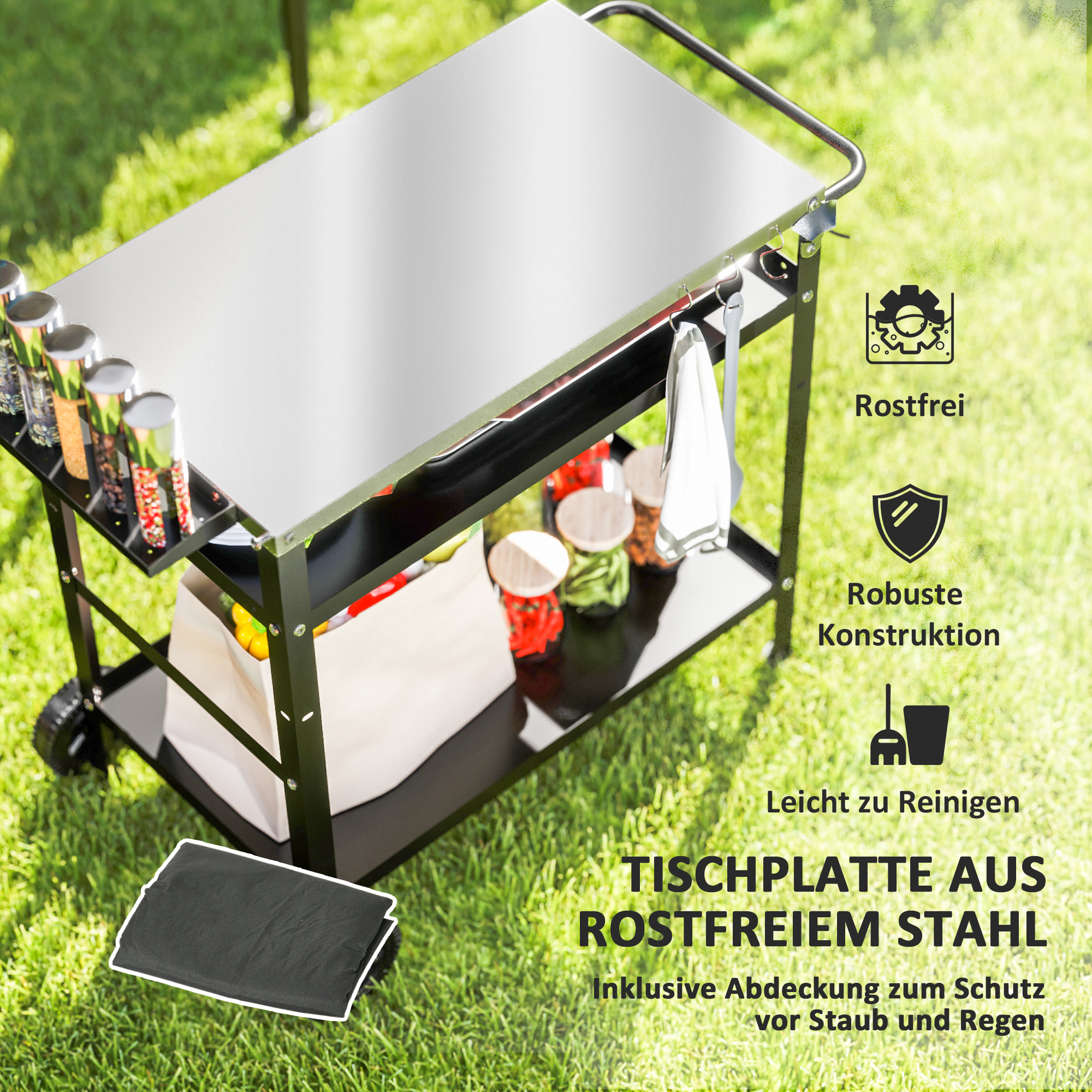 Grillwagen 3-Etagen Servierwagen mit Arbeitsfläche Griffe Hülle Räder, BBQ Grilltisch Edelstahl 100x52x80cm Schwarz