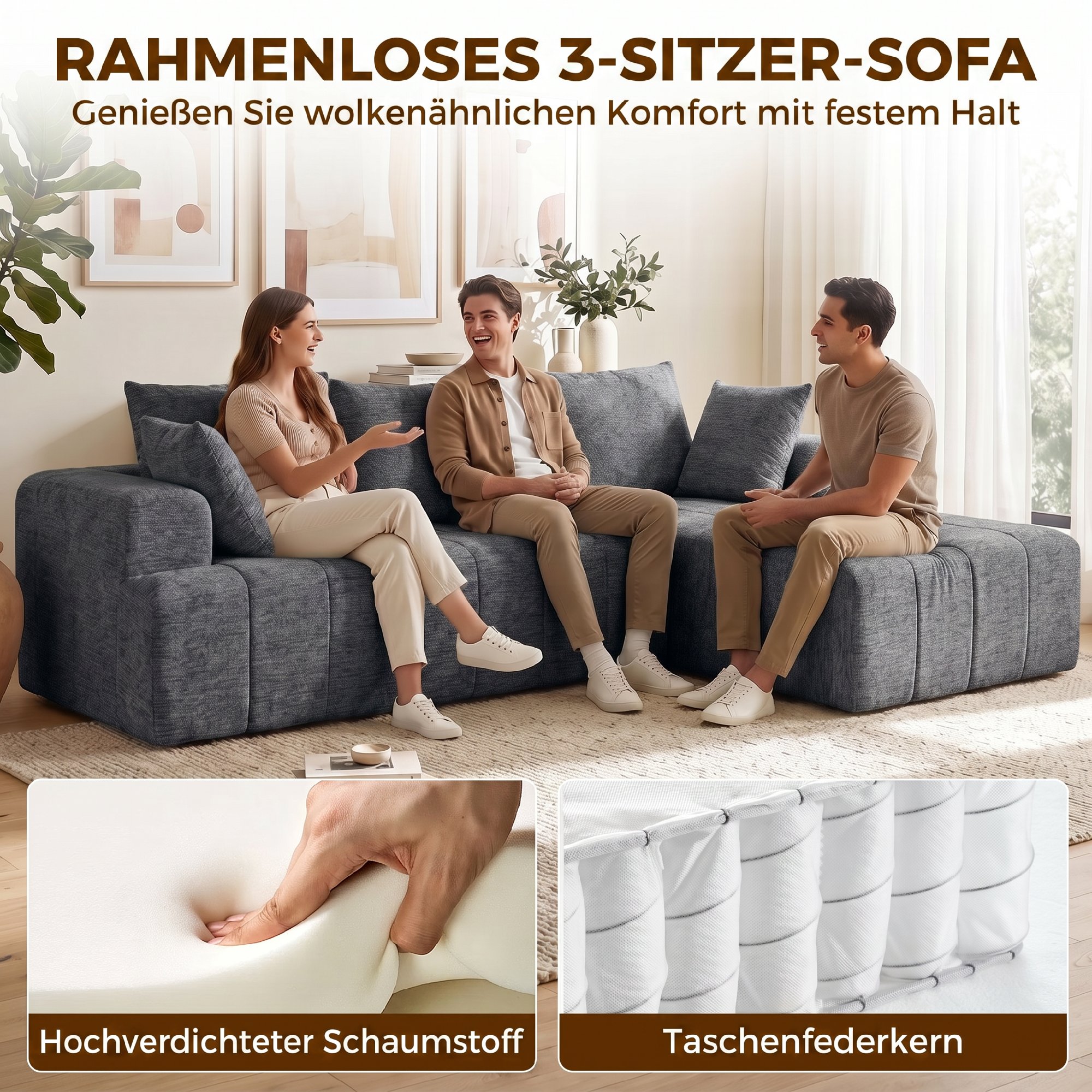 3-Sitzer Ecksofa in L-Form mit Ottomane, wandelbares Chenille-Cloud-Schlafsofa mit Federkernpolsterung, Grau