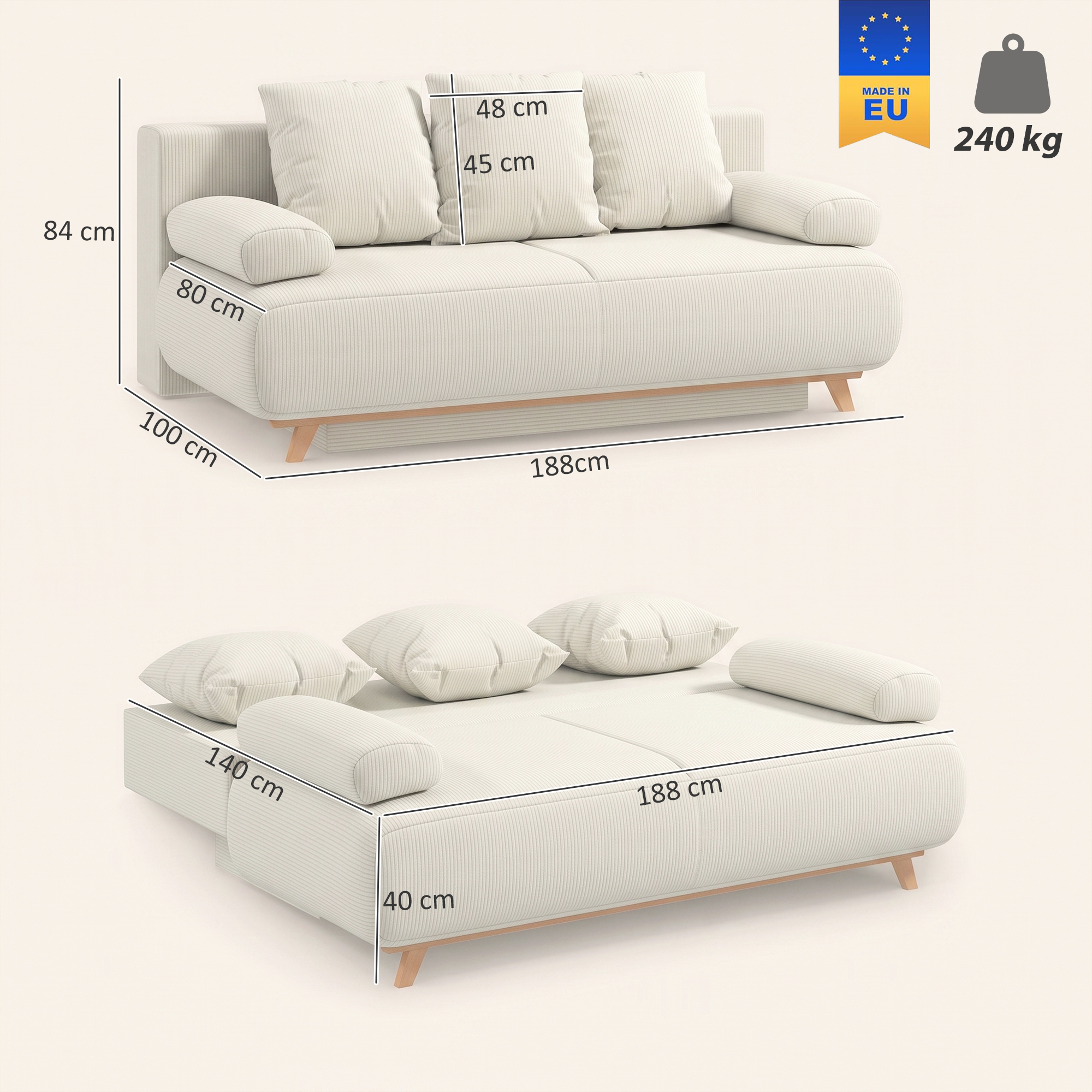 Schlafsofa mit verstellbarer Rückenlehne, Bettfunktion, verstecktem Stauraum und Cordbezug, Beige