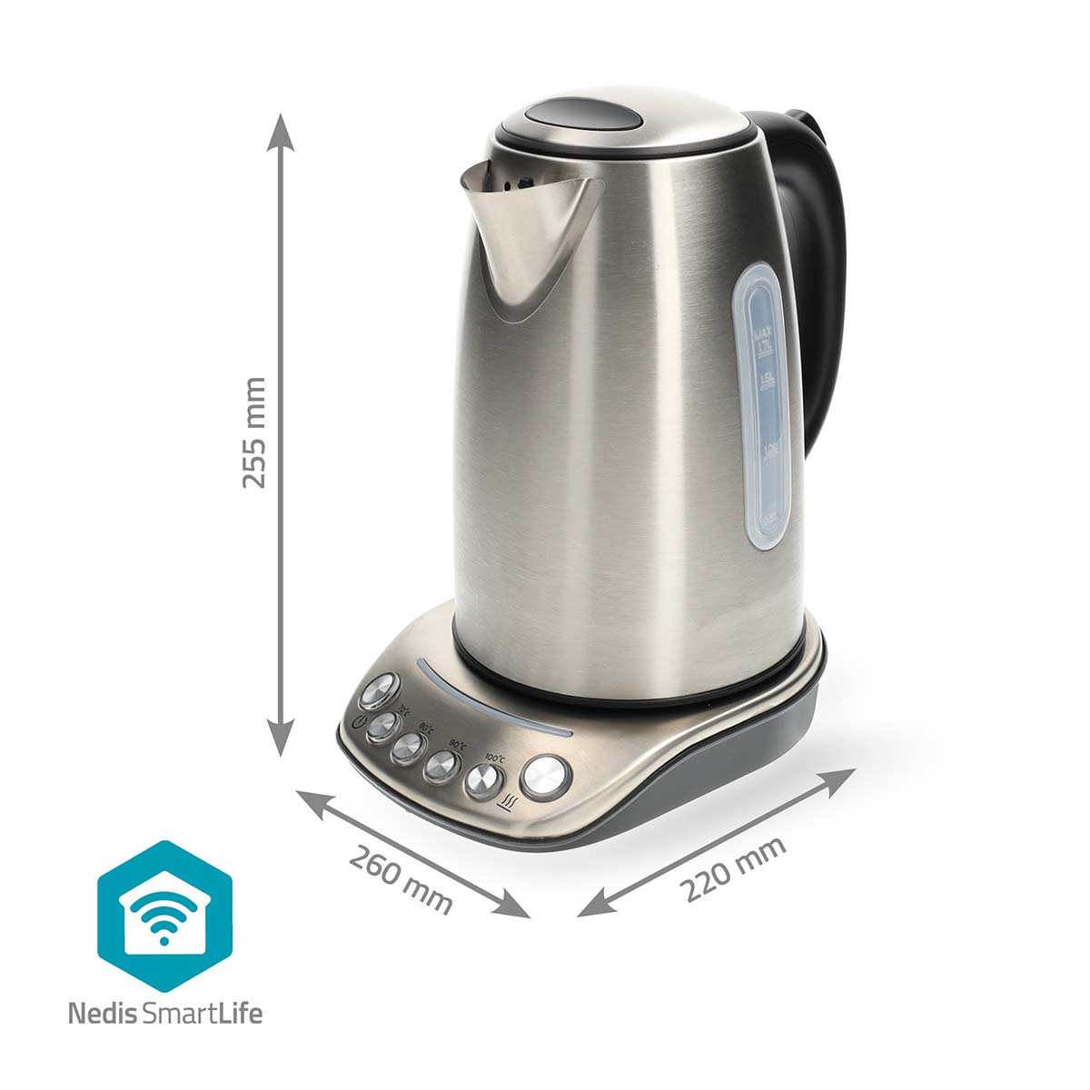 SmartLife Wasserkocher | Wi-Fi | 1.7 l | Edelstahl | 70,80,90,100 °C | Temperaturanzeige | Um 360 Grad drehbar | Verdecktes Heizelement | Strix Controller | Android? / IOS