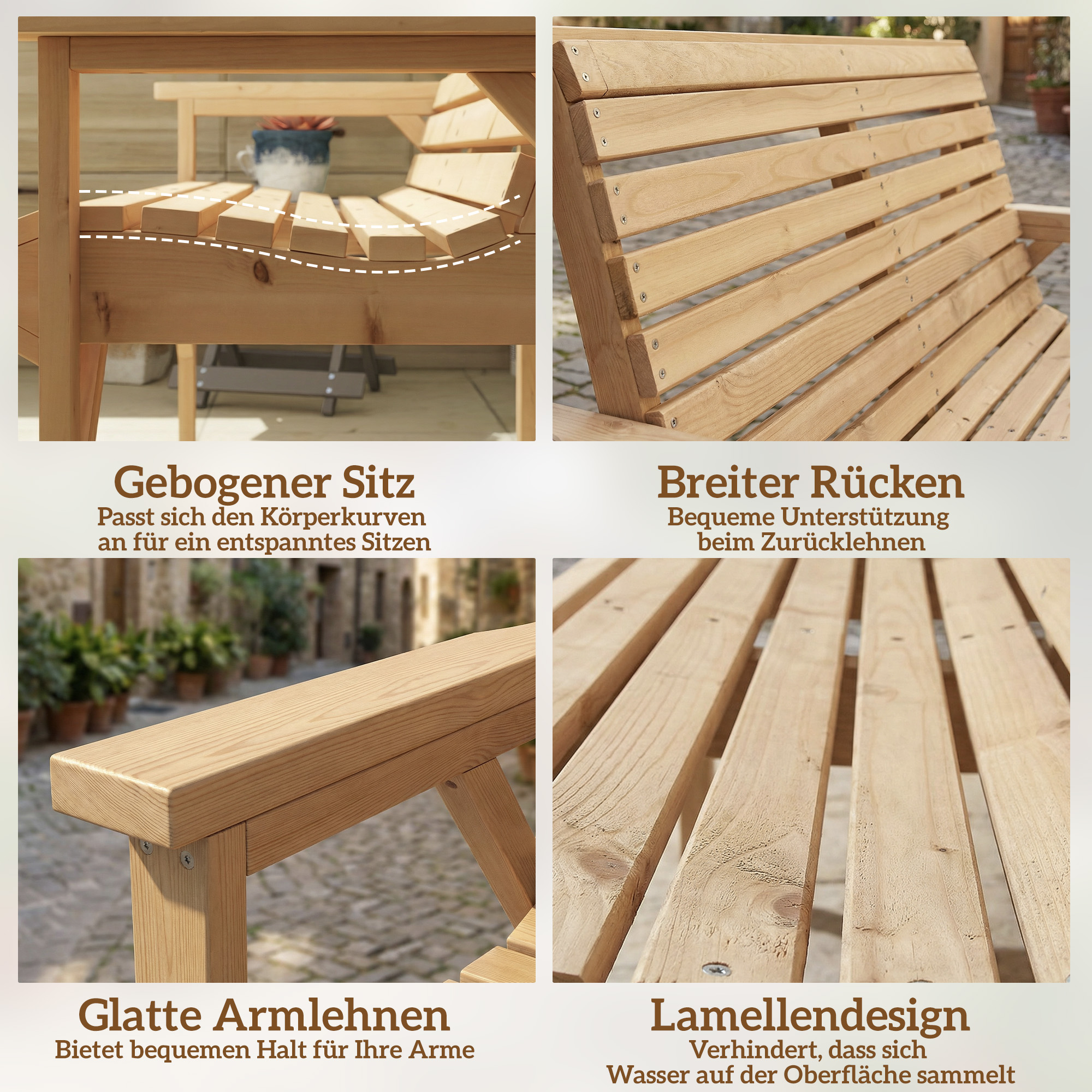 2-Sitzer Gartenbank aus Holz, Lattenbank mit Arm- und Rückenlehne, Outdoor-Möbel für Balkon, Terrasse, Garten