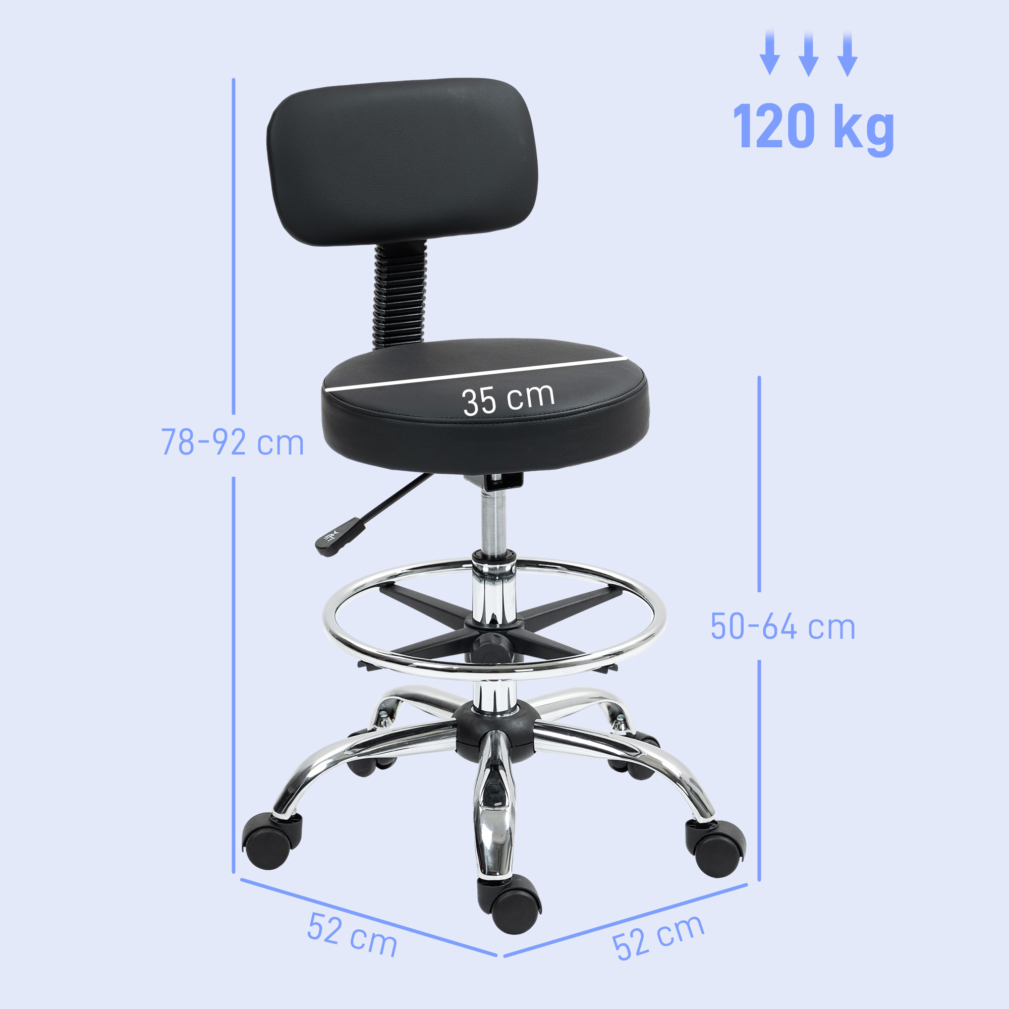 Bürostuhl, Kompakter Drehstuhl, höhenverstellbar, mit Fußstütze, 360° drehbar, Kunstleder, Metall, Schwarz