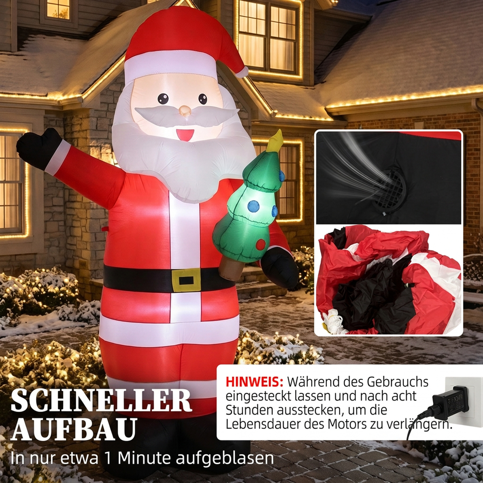 Aufblasbarer Weihnachtsmann, 243 cm, mit hellem LED-Licht, Weihnachtsdekoration für Innen- und Außenbereich, Rot