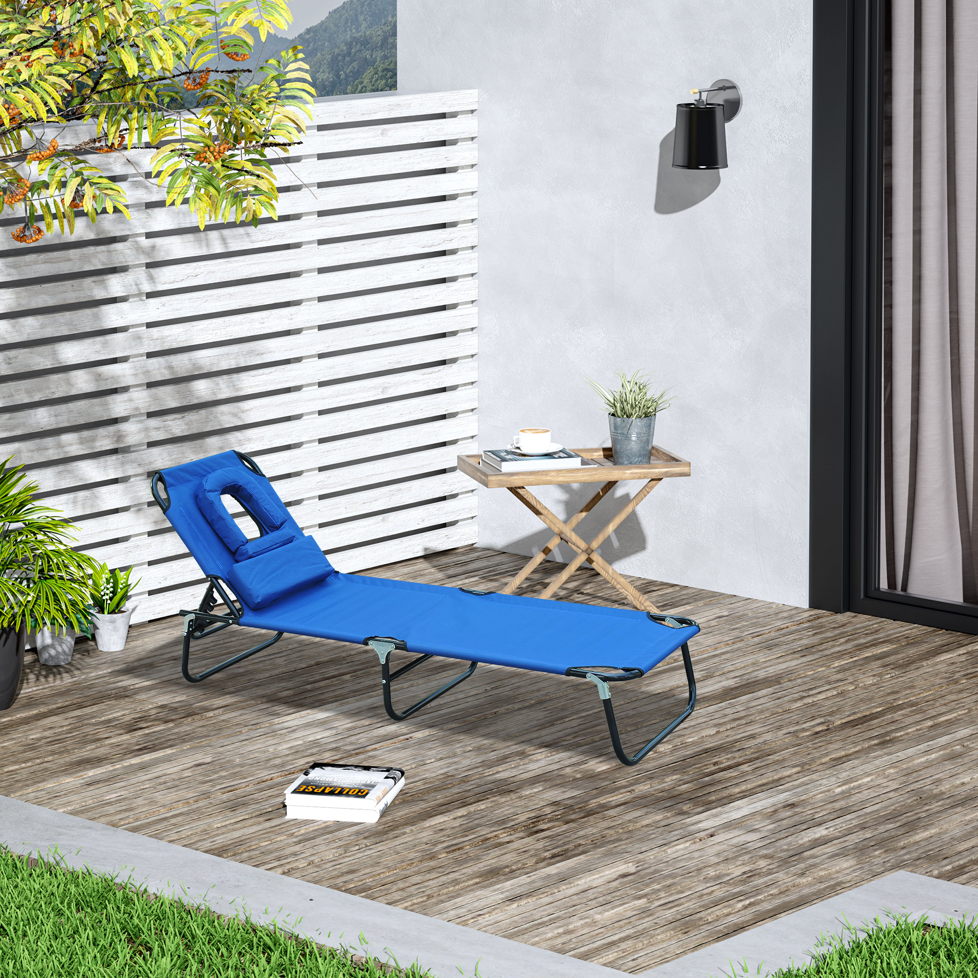 Sonnenliege klappbar Gartenliege mit Kopfkissen Liegestuhl mit 4-Fach verstellbare Rückenlehne Campingliege mit Lesefenster Gartenstuhl bis 120kg belastbar für Garten, Balkon geeignet Blau
