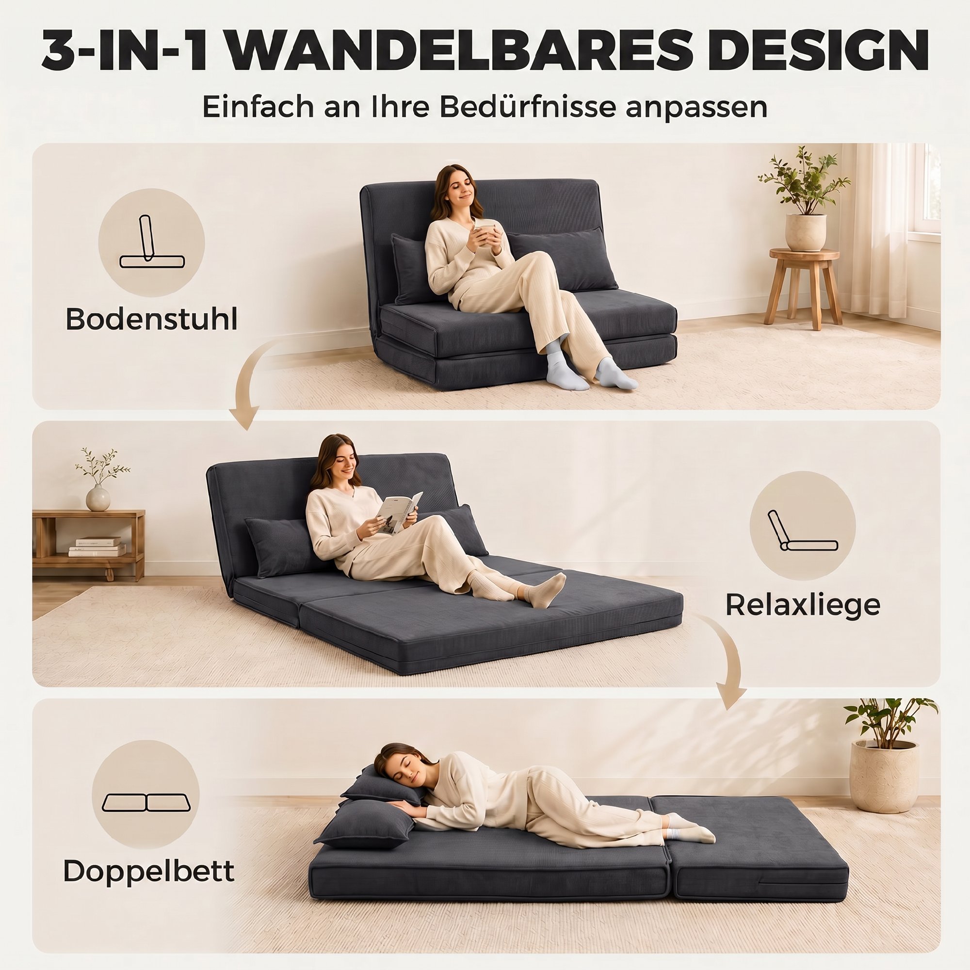 Bodenstuhl mit Rückenlehne, Cord-Klappsofa als Gästebett, Verstellbare Rückenlehne, Breiter Sitz, Dunkelgrau