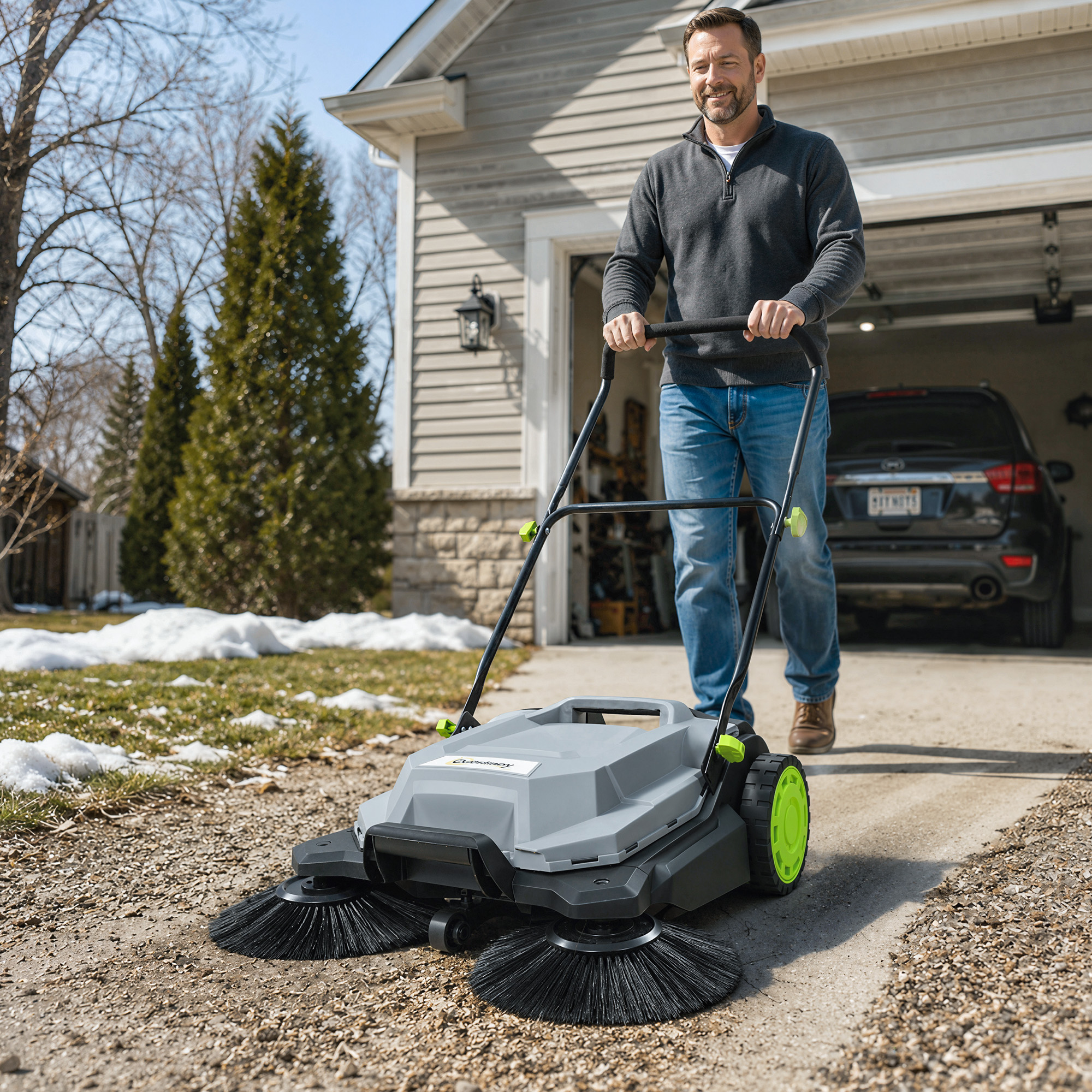 Kehrmaschine manuell mit 68 cm Kehrbreite, 24 L Schmutzbehälter, Höhenverstellbar klappbar Griff 3-Bürsten-Kehrsystem