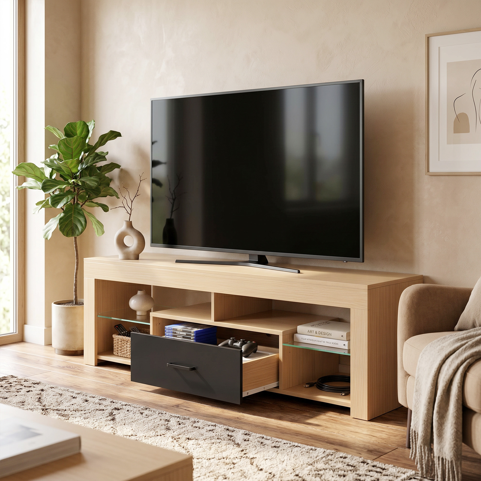 TV-Lowboard für Fernseher bis 65 Zoll, moderner TV-Schrank mit verstellbaren Glasböden, Eiche