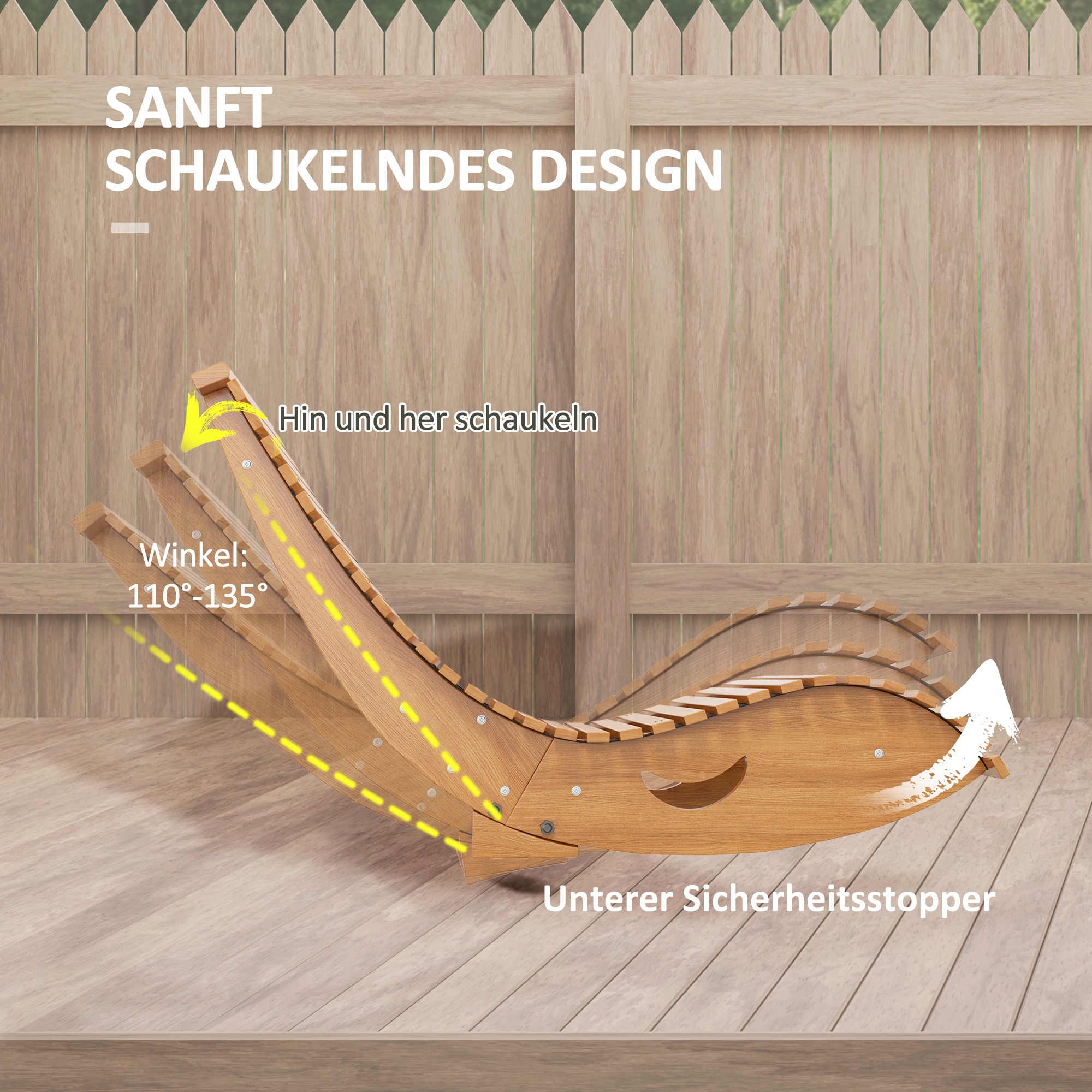 Outdoor Schaukelstuhl, Hochlehner, einstellbare Basis, Kiefernholz, 130 x 60 x 60cm, Hellbraun