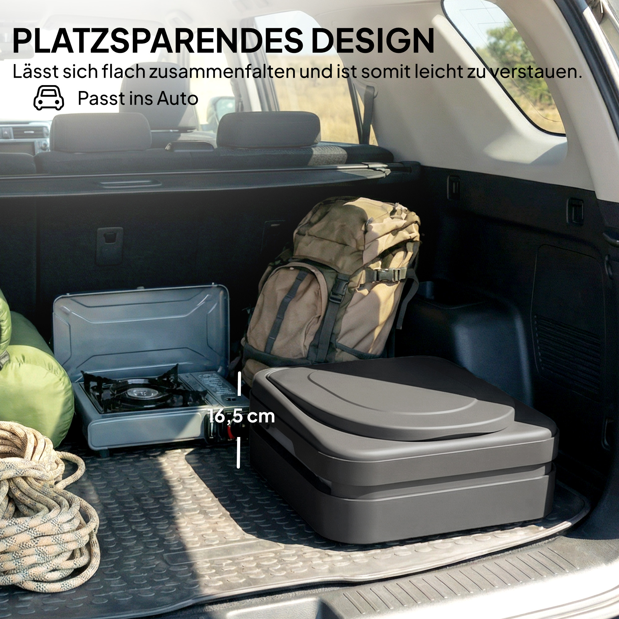 Campingtoilette Faltbare Reisetoilette bis 150 kg mit 12 Gerinnungspulver-Päckchen 12 Entsorgungsbeuteln 42 x 46 x 43,5 cm Grau