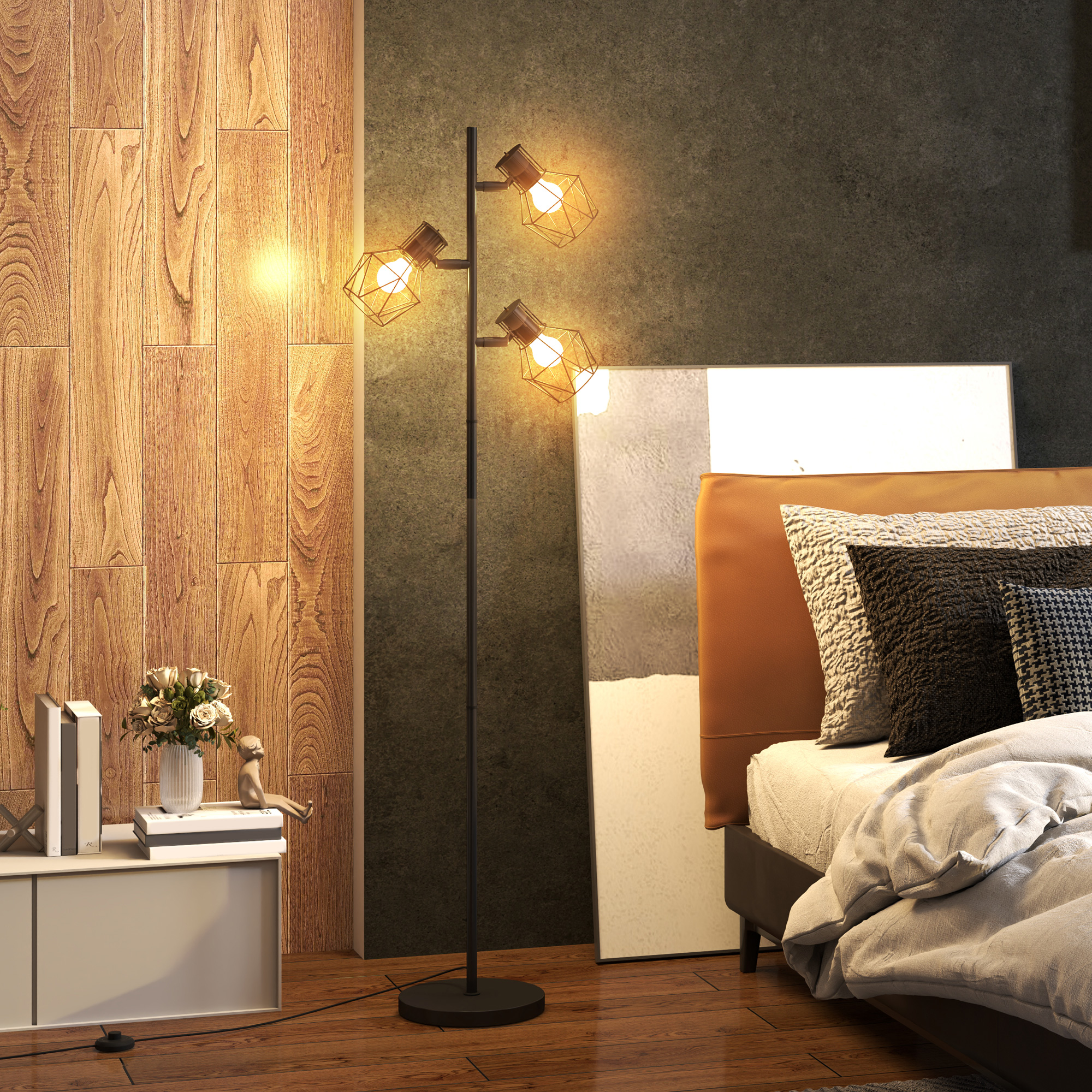 3-Licht-Stehlampe mit flexiblen Leuchtelementen, baumähnliche Struktur, für Wohnzimmer und Schlafzimmer, Metall, Schwarz