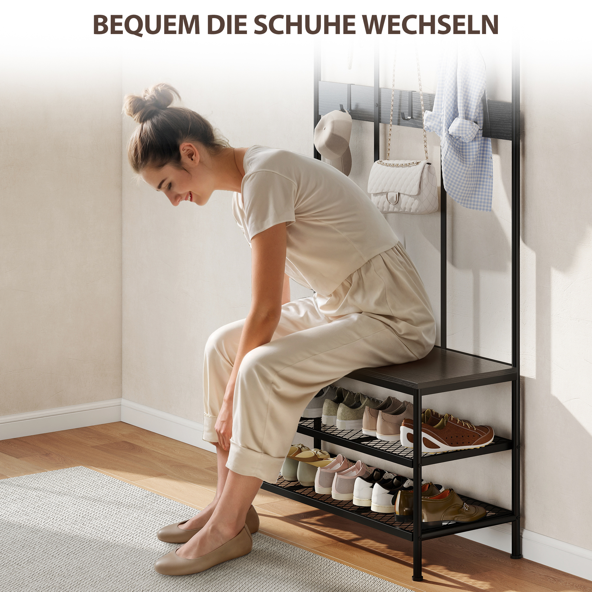 3-in-1 Garderobenständer, Kleiderhaken, Sitzbank, Schuhregal, Metall, Spanplatte, Schwarz