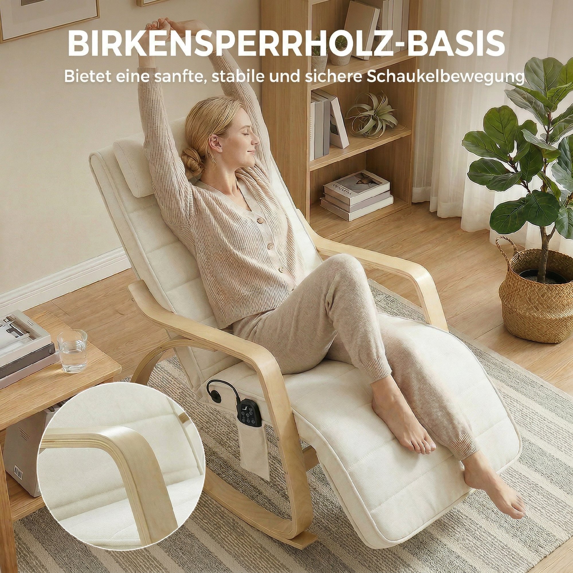 Schaukelstuhl mit Massage, Heizung, Kopfstütze & Fußstütze, Samtbezug, Relaxsessel, Cremeweiß