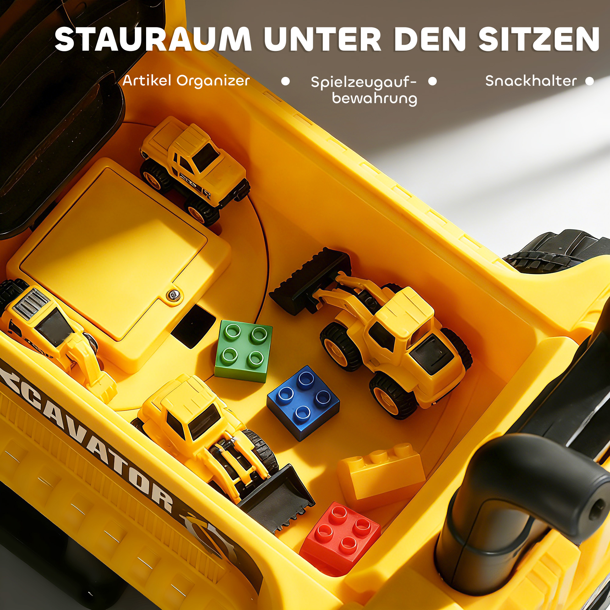 Sitzbagger Aufsitzbagger mit Schaufel Lenkrad drehbar Aufbau verstellbar Rückenlehne für Kinder 1,5-3 Jahre Gelb