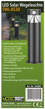 LED Solar Wegeleuchte "SWL-AS30", IP44, warmweiß 3000K, PIR Sensor, 30cm