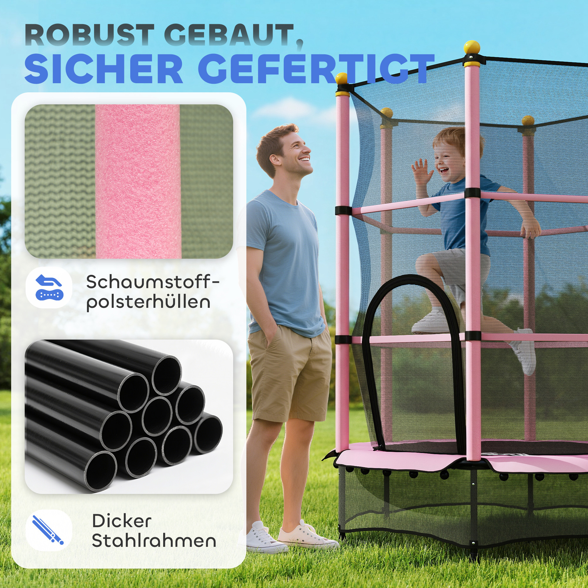 Trampolin für Kinder, Ø140 cm, mit Sicherheitsnetz, für innen und außen, Stahl, Kunststoff, belastbar bis 50 kg, Rosa