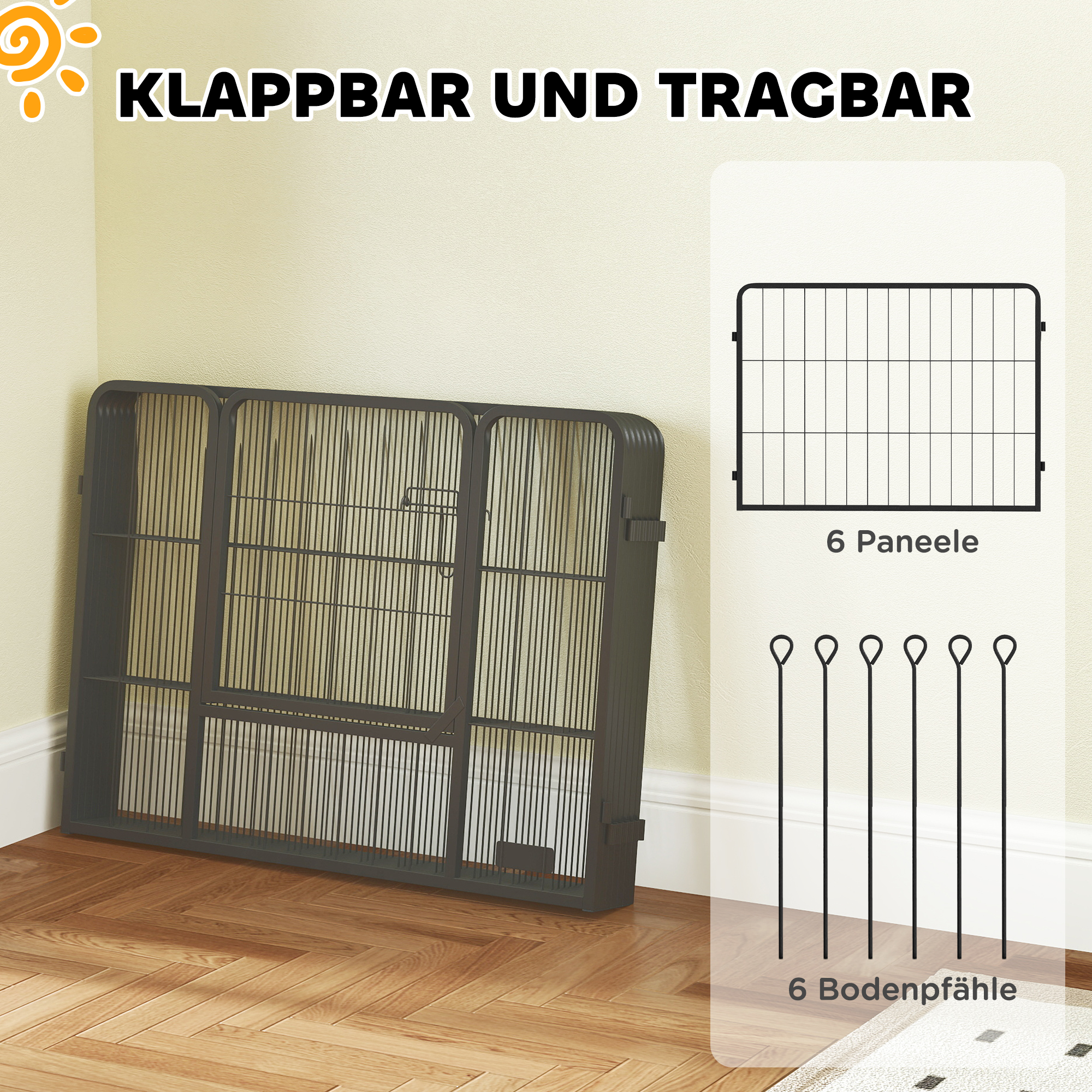 Hundezaun, Haustiergehege, 6 Paneele, Stahl, faltbar, Grau