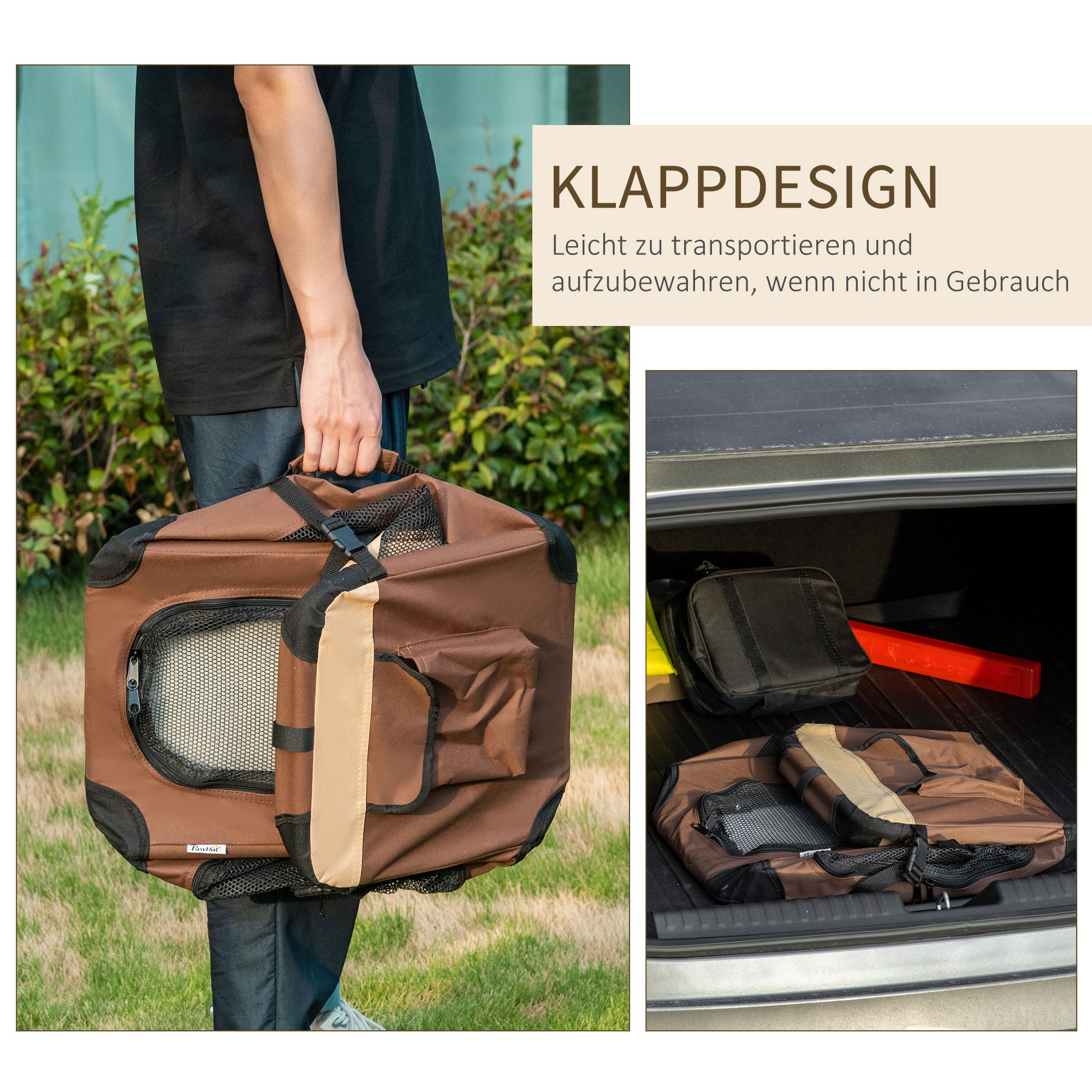 Hundetasche Hundetransporttasche, 3 Eingänge, faltbar, 70 x 51 x 50 cm, Braun + Beige