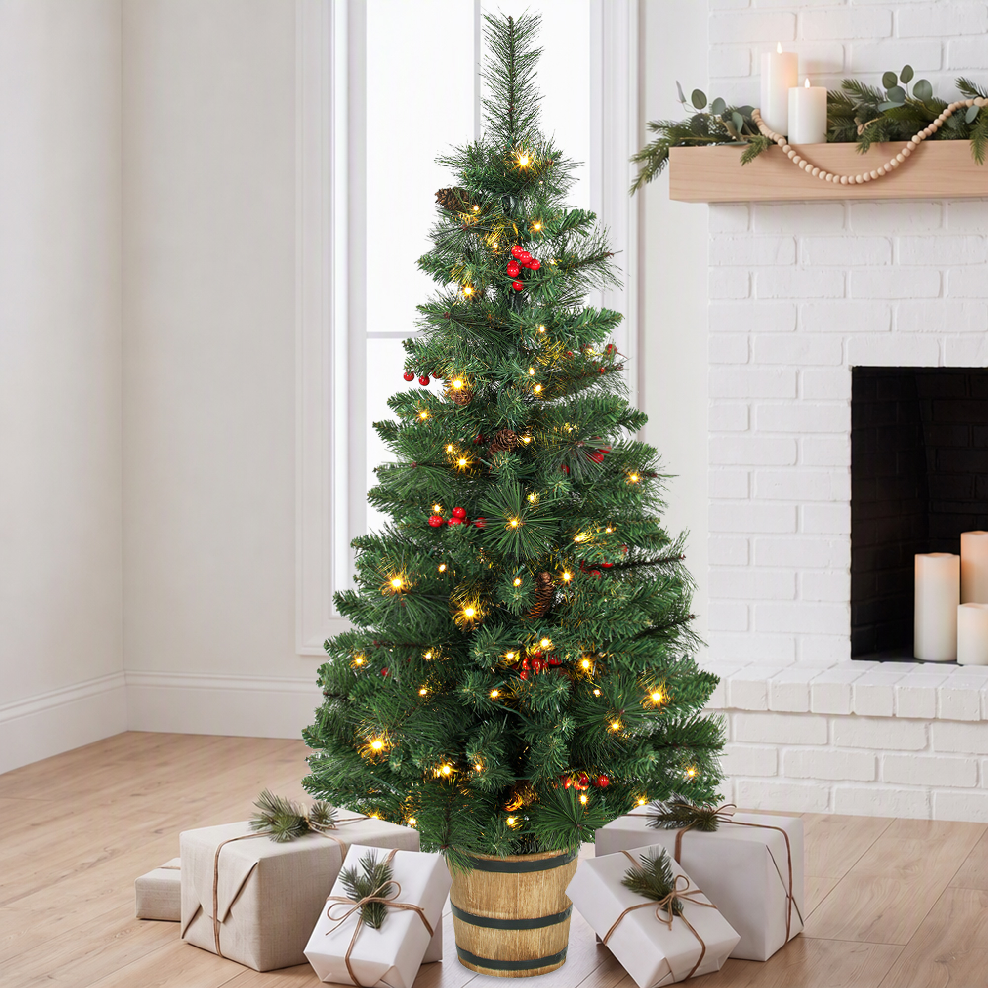 Künstlicher Weihnachtsbaum, 120 cm Christbaum mit 100 LED-Beleuchtung 131 Spitzen Beeren, 2 Lichtfarben, Fernbedienung