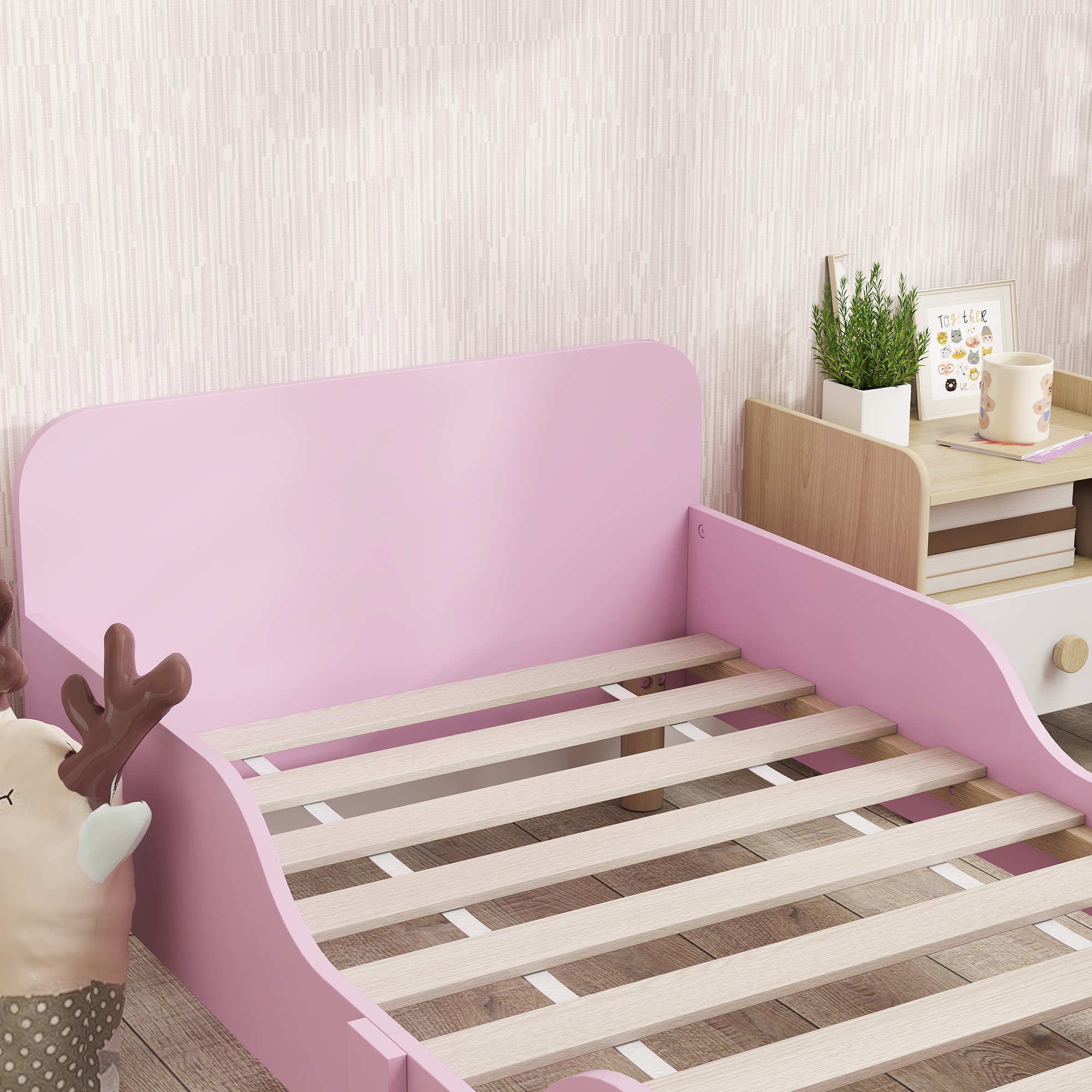 Kinderbettgestell, Einzelbettrahmen für Kinder, Schutzgitter, kleines Bett für Kinderzimmer, MDF, ohne Matratze, Rosa
