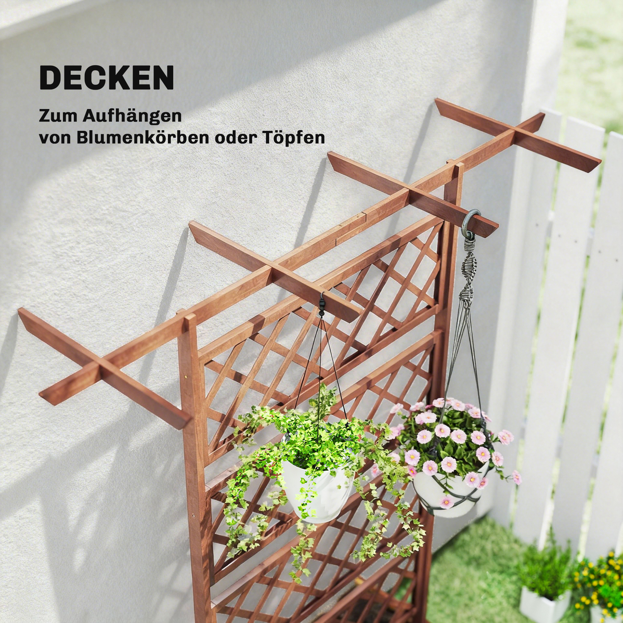 Pflanzkasten mit Rankengitter, Eckige Pflanzenbox aus Holz mit Rückenspalier für Kletterpflanzen und Dach