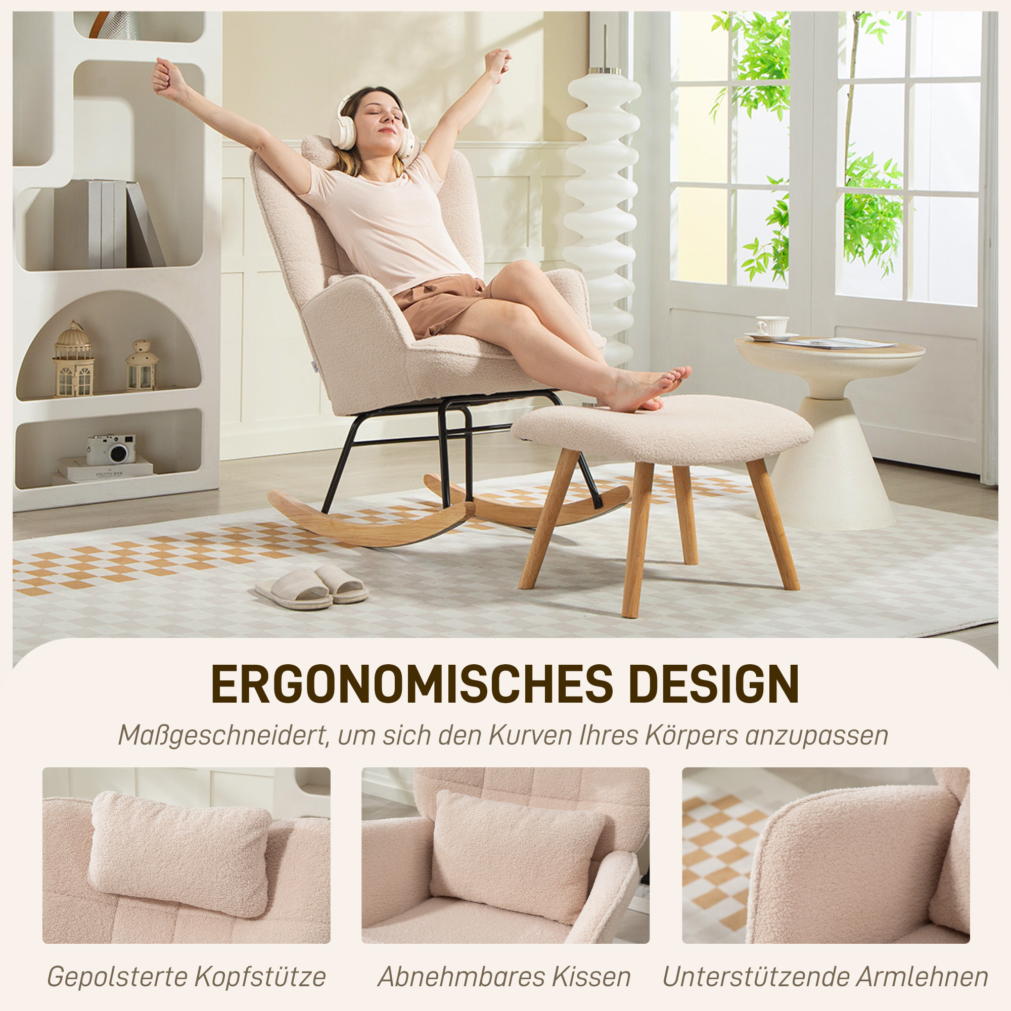 Schaukelstuhl mit Fußhocker, weicher Fleece-Bezug, Holzbeine, Kissen, hohe Rückenlehne, Schaukelsessel, Beige