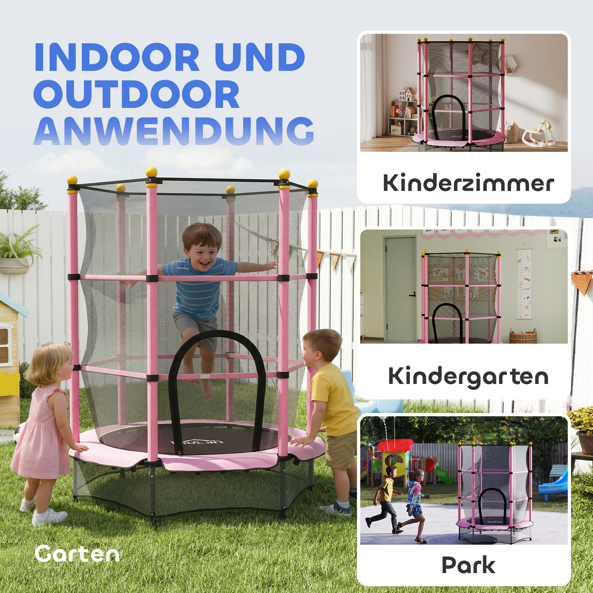 Trampolin für Kinder, Ø140 cm, mit Sicherheitsnetz, für innen und außen, Stahl, Kunststoff, belastbar bis 50 kg, Rosa