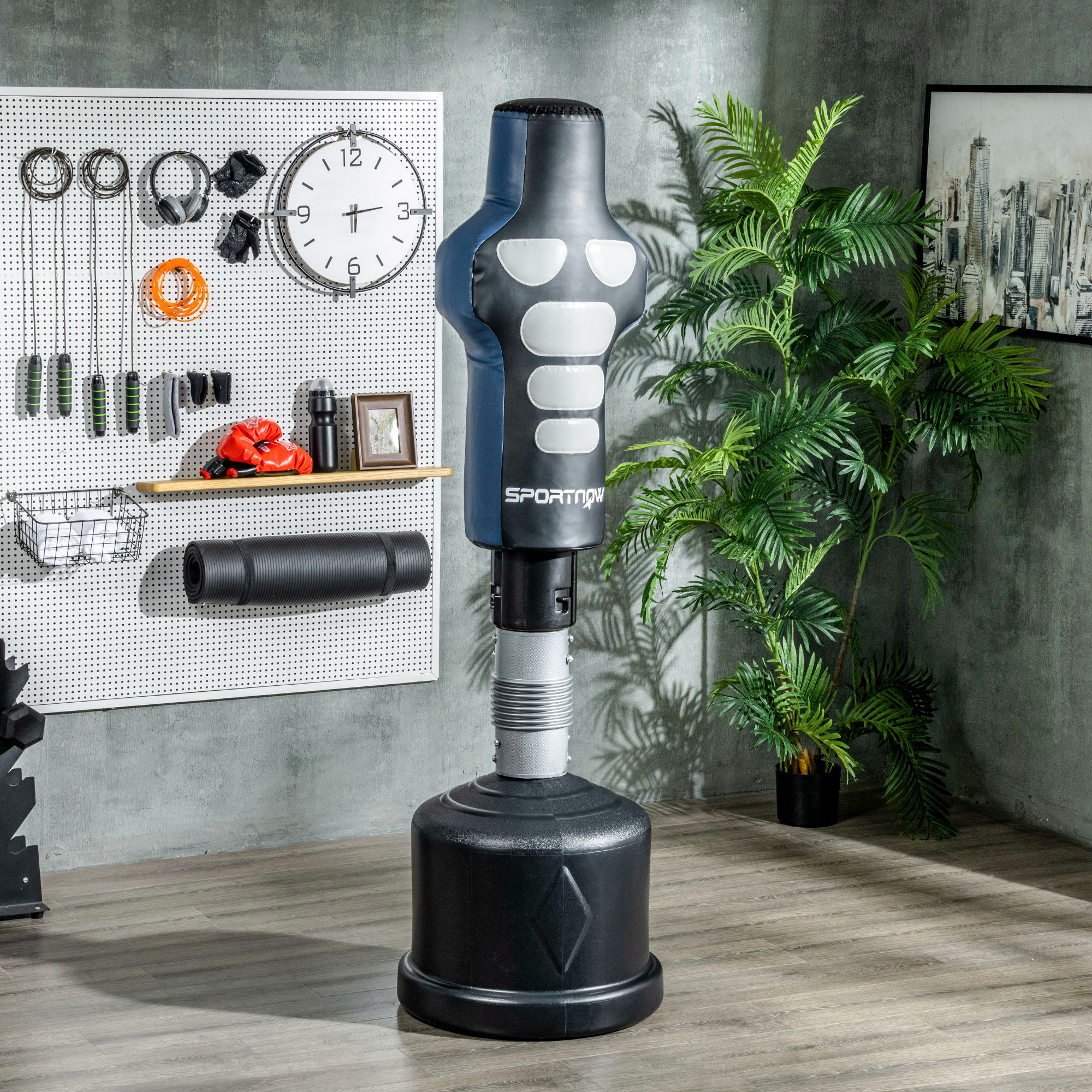 Boxdummy, freistehend, höhenverstellbar, schwerer Standfuß, Kunstleder, schwarz+grau+blau, 55 x 55 x 178-207 cm