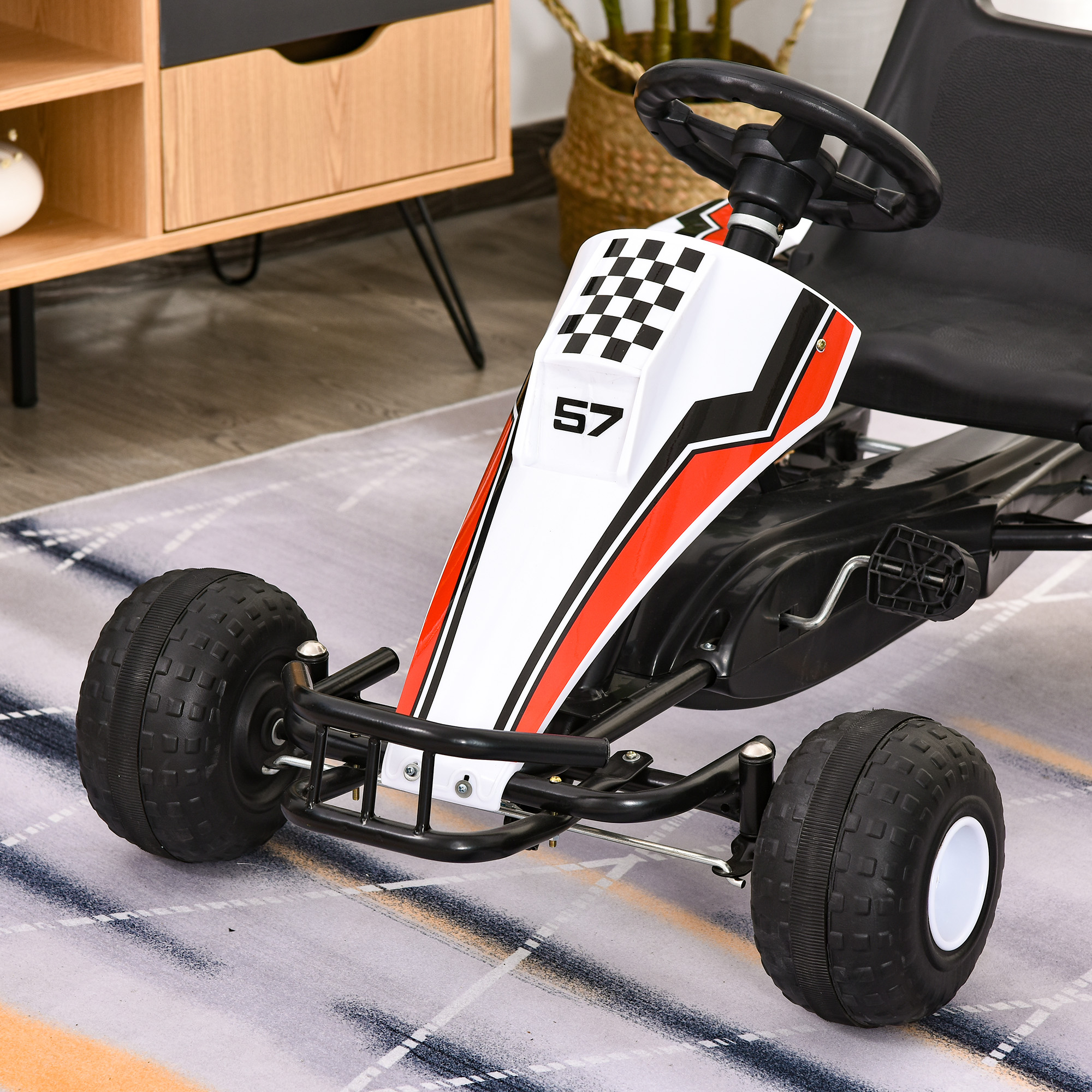 Gokart, Tretauto mit verstellbarem Sitz, Bremse, Pedalantrieb, Tretfahrzeug mit Vor- und Rückwärtsgang, Kinderfahrzeug bis 35 kg belastbar, für Kinder 3-6 Jahre Weiß