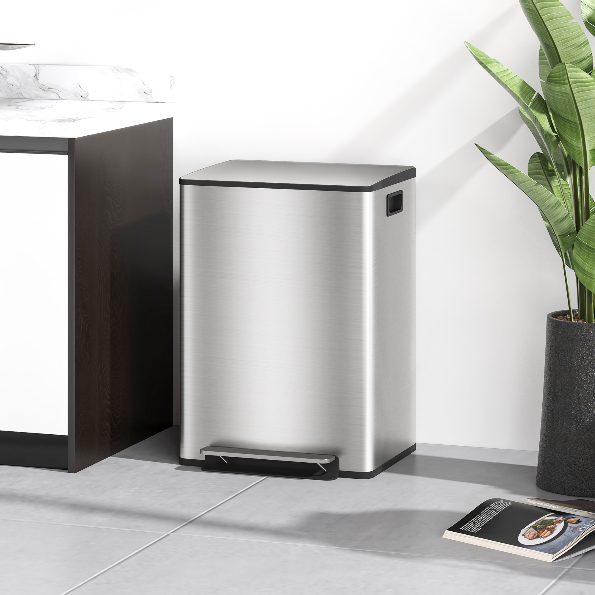Mülleimer mit 2x30L Fächern, Soft-Close-Deckel, Fingerabdrucksicher, Edelstahl, Silber