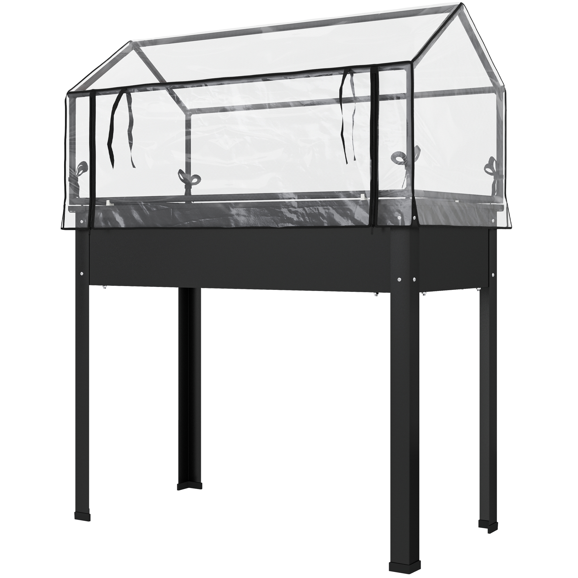 Hochbeet mit Gewächshaus-Dach, erhöhte Pflanzenbox mit Ablauflöchern, 100 x 48 x 124 cm, Schwarz