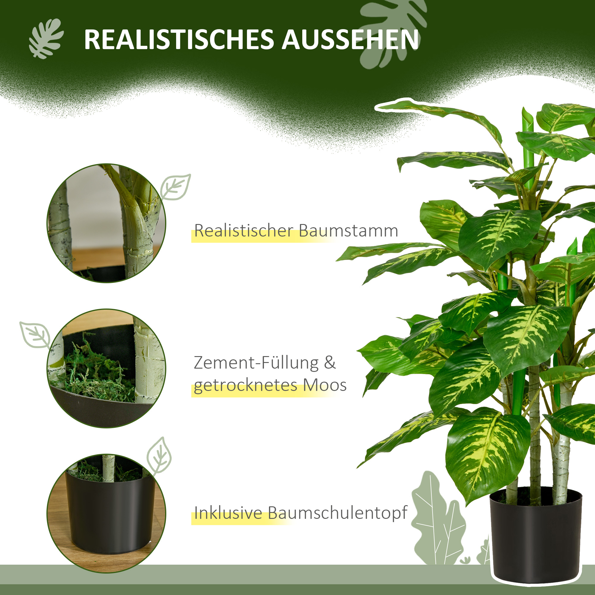 Kunstpflanze, Kunststoff-Pflanze, Zementtopf, Indoor und Outdoor, 95 cm, Grün