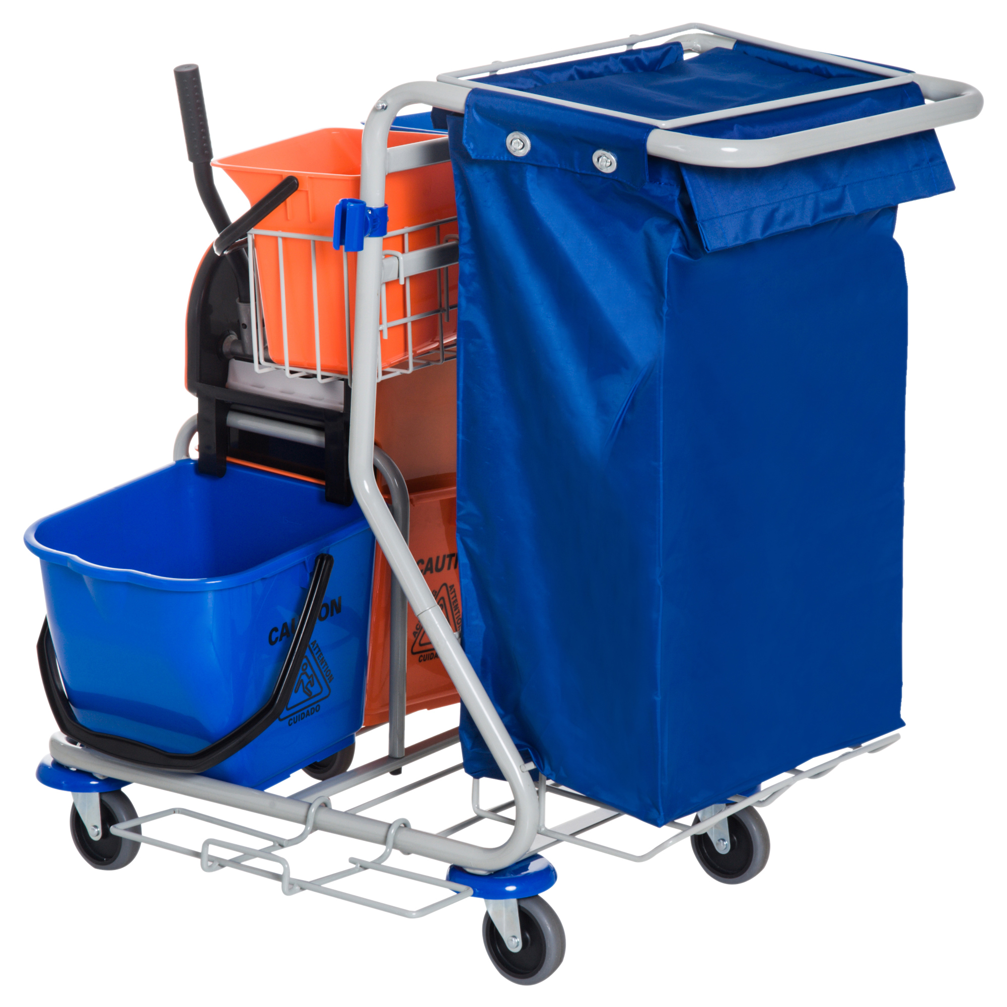 Putzwagen Reinigungswagen mit 2 x 18L & 2 x 6L Eimern Wischwagen Haushaltswagen mit Mopp-Presse, Aufbewahrungskorb, Blau Orange 93 x 80 x 97 cm