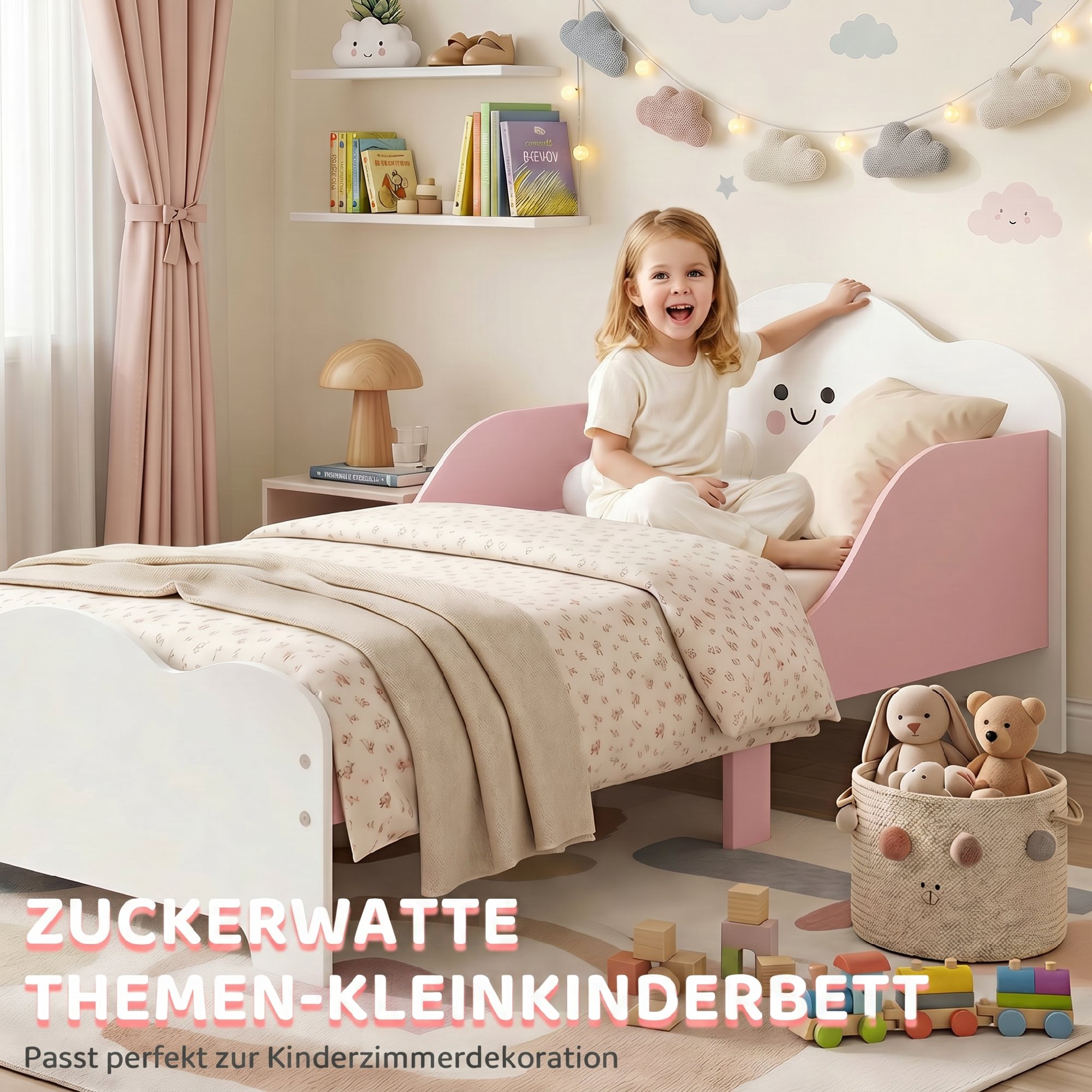 Kinderbett, 140 x 70 cm Bettgestell mit hohen Schutzgitter für Kinder von 3-6 Jahren, ohne Matratze, Rosa