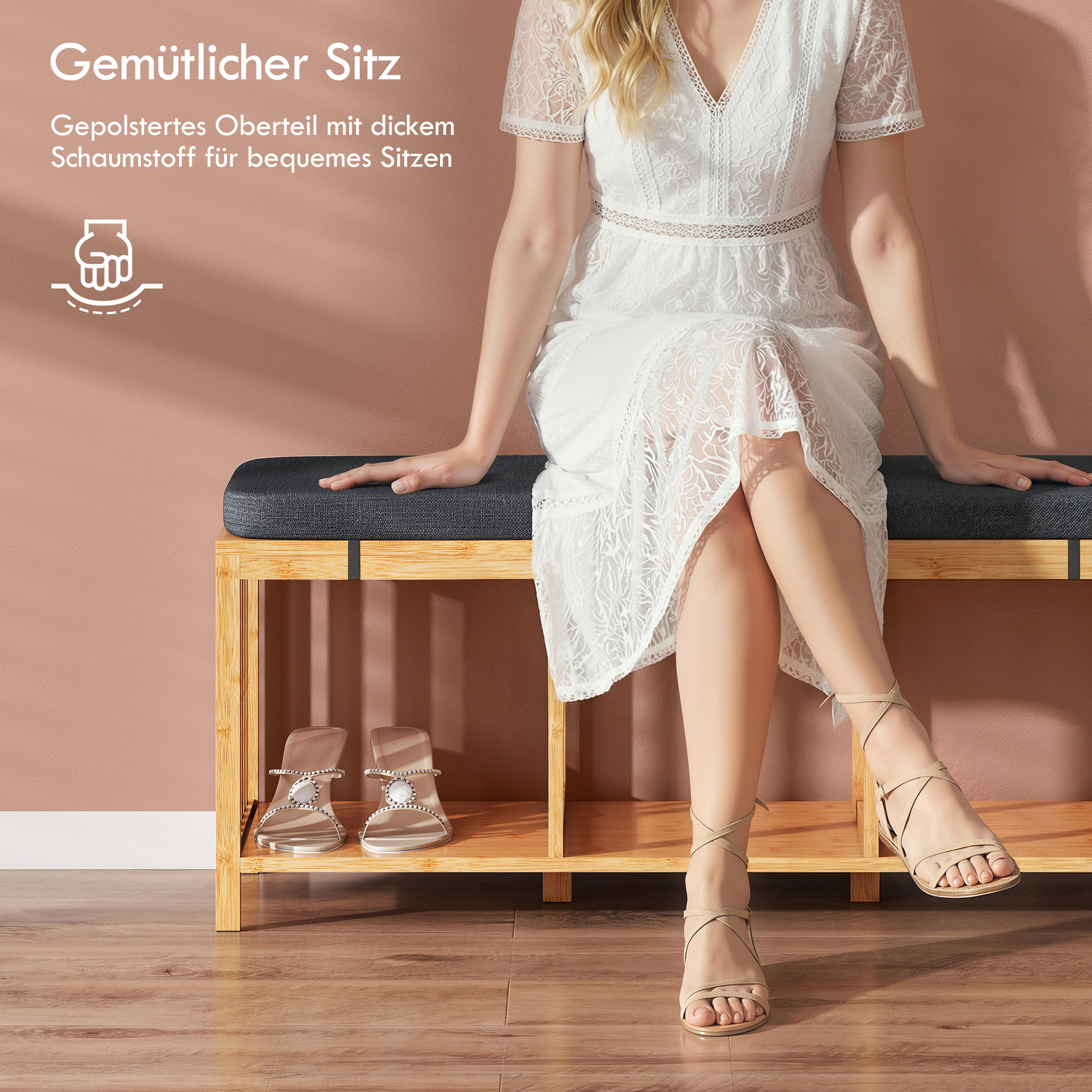 Bambus-Schuhbank, Flurbank mit gepolstertem Sitzkissen und offener Ablage, Naturholz-Optik