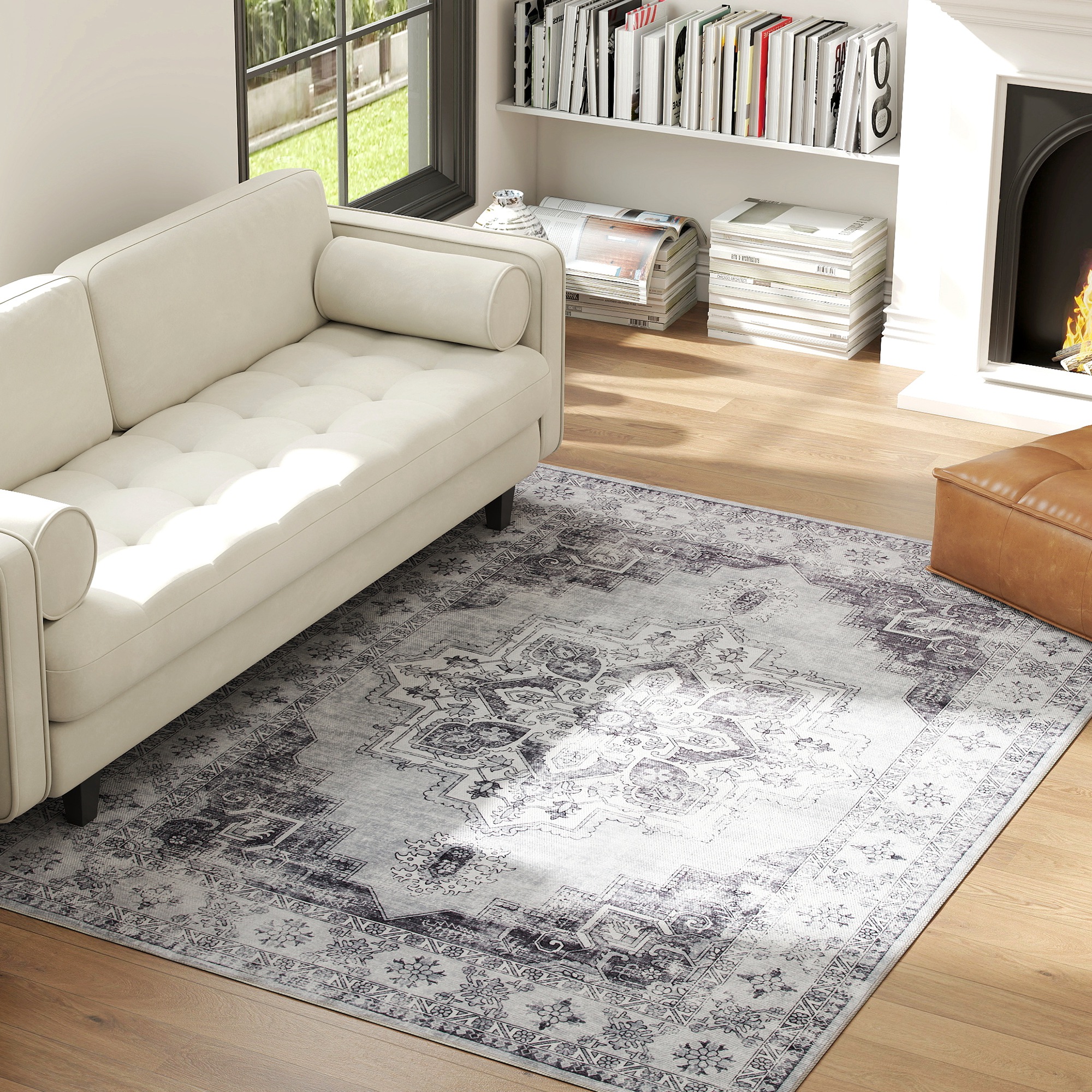 Teppich Maschinenwaschbar Anti-Rutsch Wohnzimmerteppich mit Flanell-Optik, 230 x 160cm, Grau
