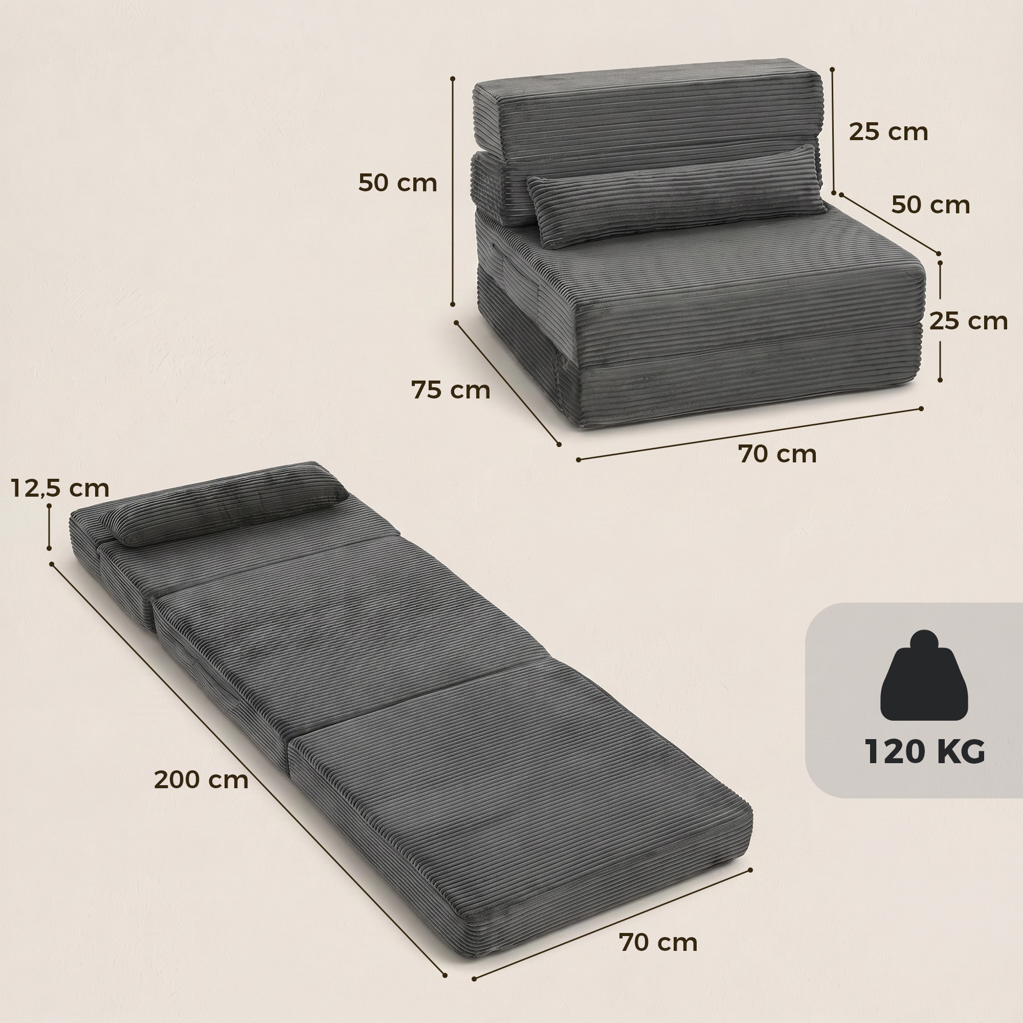 Bodenstuhl mit Rückenstütze, Cord Boneless Cloud Faltbares Schlafsofa mit dickem Polster, Dunkelgrau