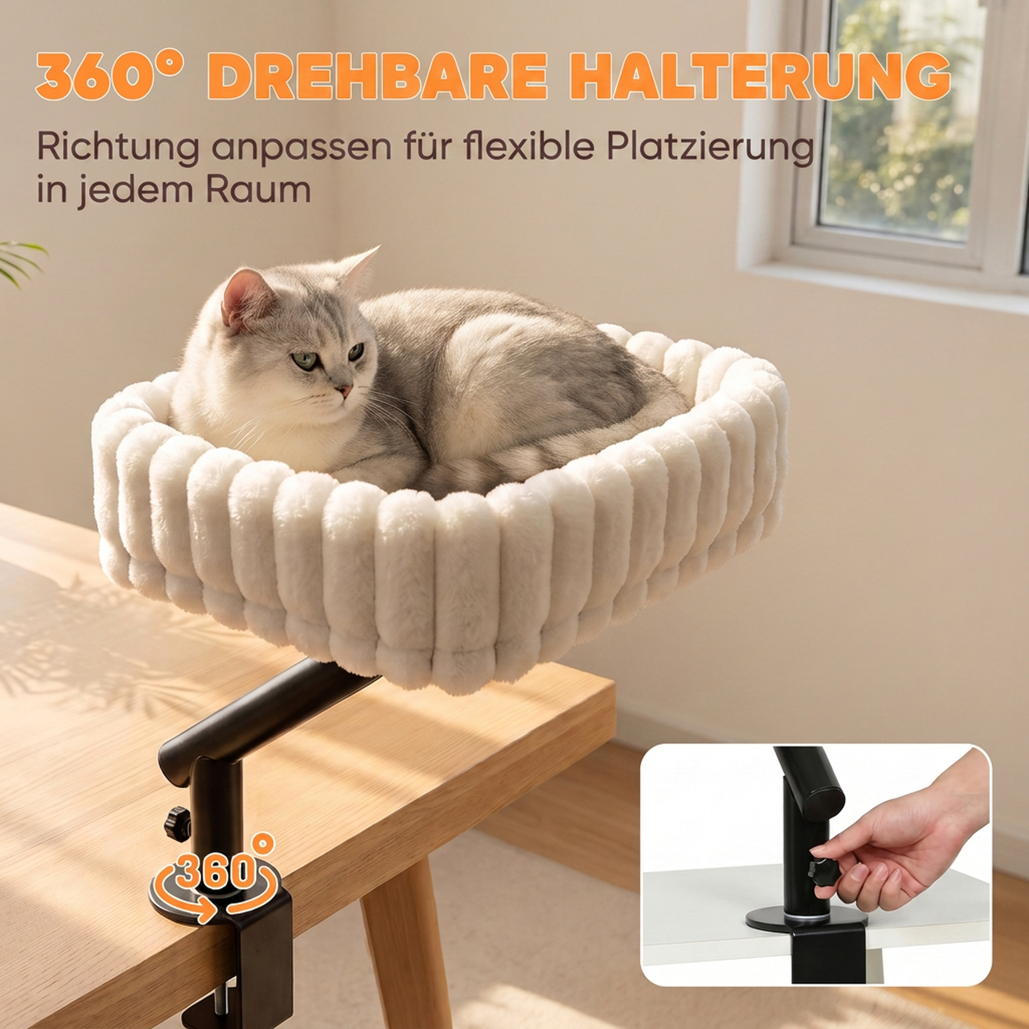 Katzen-Schreibtischbett, Katzenbett für Schreibtisch mit 360°Drehung, Hängeball verstellbare Klemme für Katze unter 6 kg