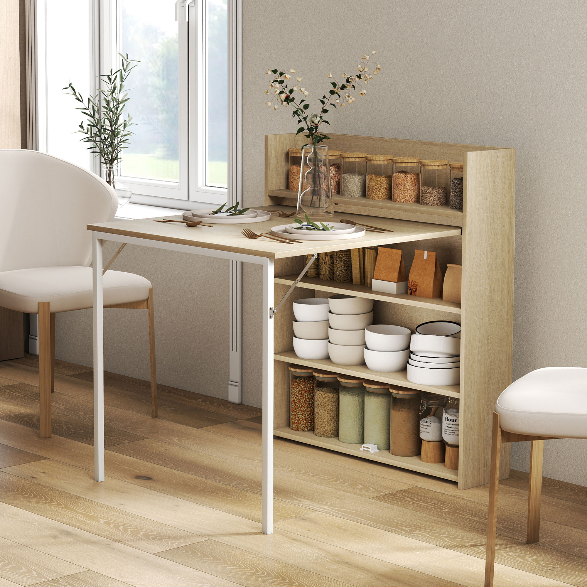 Esstisch Klappbar mit Regal, Industrie-Design, Platzsparend, Für Kleine Räume, 78,5 x 91 x 93 cm, Eiche